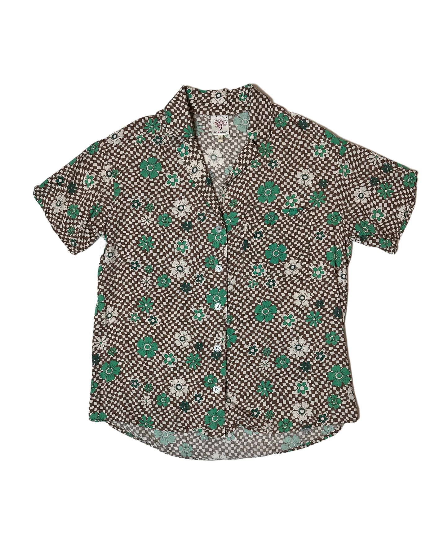 Self Esteem Short Sleeve Retro Floral Print Blouse is a vintage wardrobe must-have! With its funky retro floral and checker print in earthy green and brown hues, you'll exude confShirtSelf Esteem Short Sleeve Retro Floral Print BlouseEsteem Short Sleeve Retro Floral Print Blouse