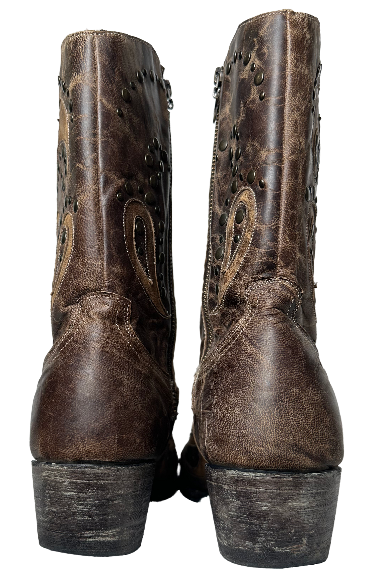 Lane Boots Brown with Cut-Outs, Studs and Side Zips Cowboy Cowgirl Slip into these Lane Boots with ease thanks to the convenient side zips, while the round toe and l