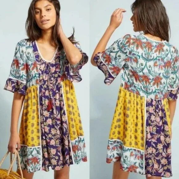 Lilka by Anthropologie Patchwork Trapeze Flowy Short Boho Dress Size L Embrace sunny days in the Lilka by Anthropologie Patchwork Trapeze Dress, a playful blend of r