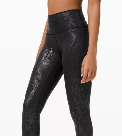 Lululemon Black Leggings with Metallic Shimmer PrintFor seriously stylish workouts, slip into these  black Lululemon metallic shimmer print leggings. The e!Lululemon Black Leggings with Metallic Shimmer PrintLeggings