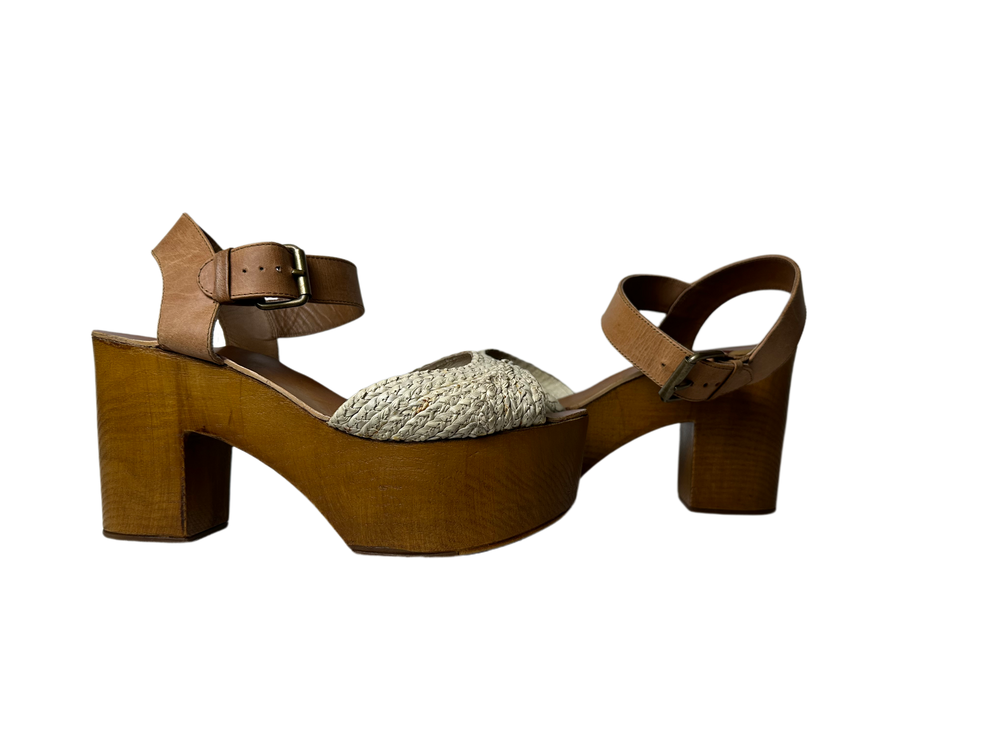 MiaThese Mia platform wood heel shoes boast a stylish look with an off-white crochet-like band and brown leather ankle strap. The wood platform heel adds fashion intereShoesMia Platform Wood Heel Shoes with "Crochet" BandMia Platform Wood Heel Shoes