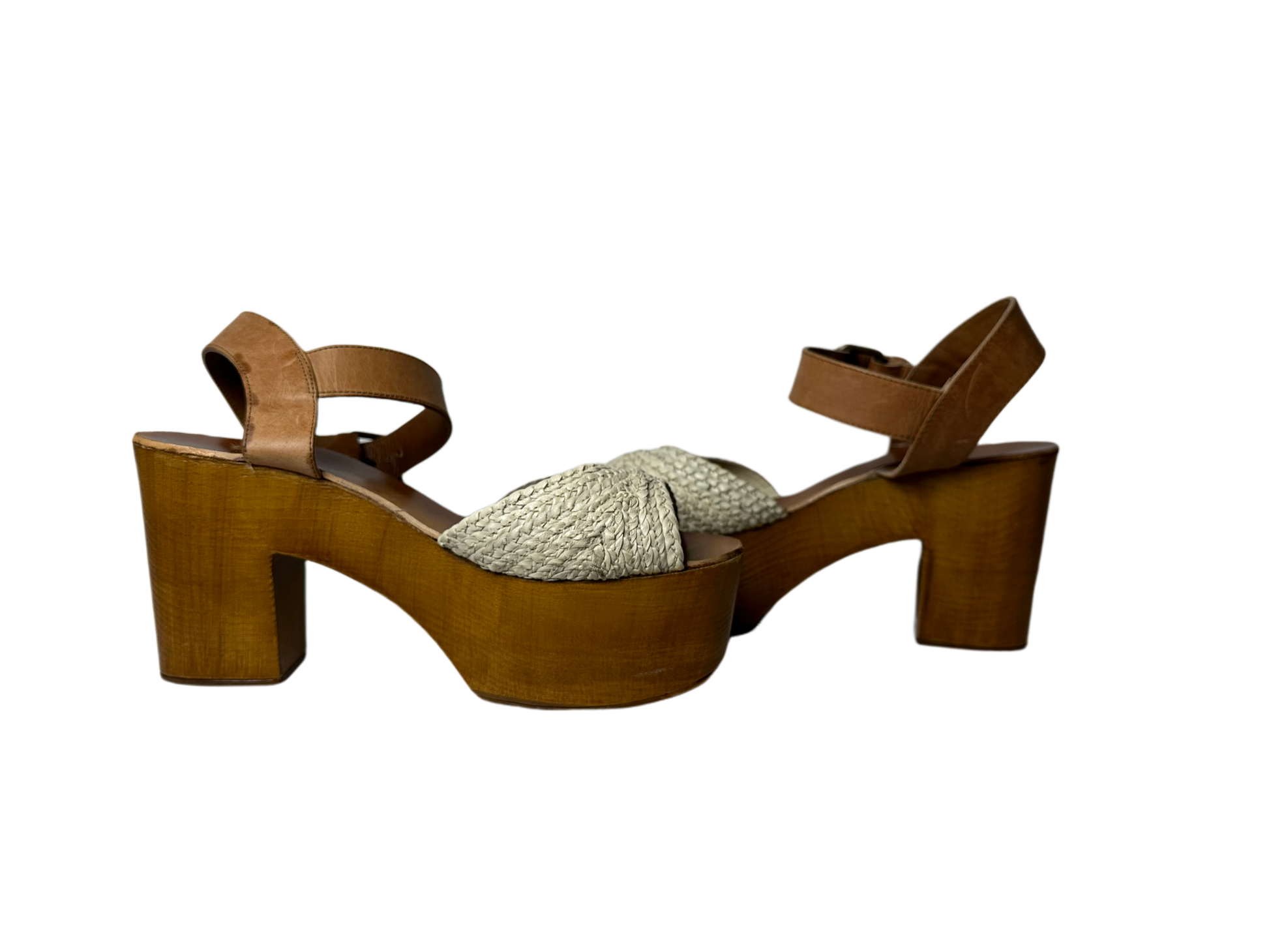 MiaThese Mia platform wood heel shoes boast a stylish look with an off-white crochet-like band and brown leather ankle strap. The wood platform heel adds fashion intereShoesMia Platform Wood Heel Shoes with "Crochet" BandMia Platform Wood Heel Shoes