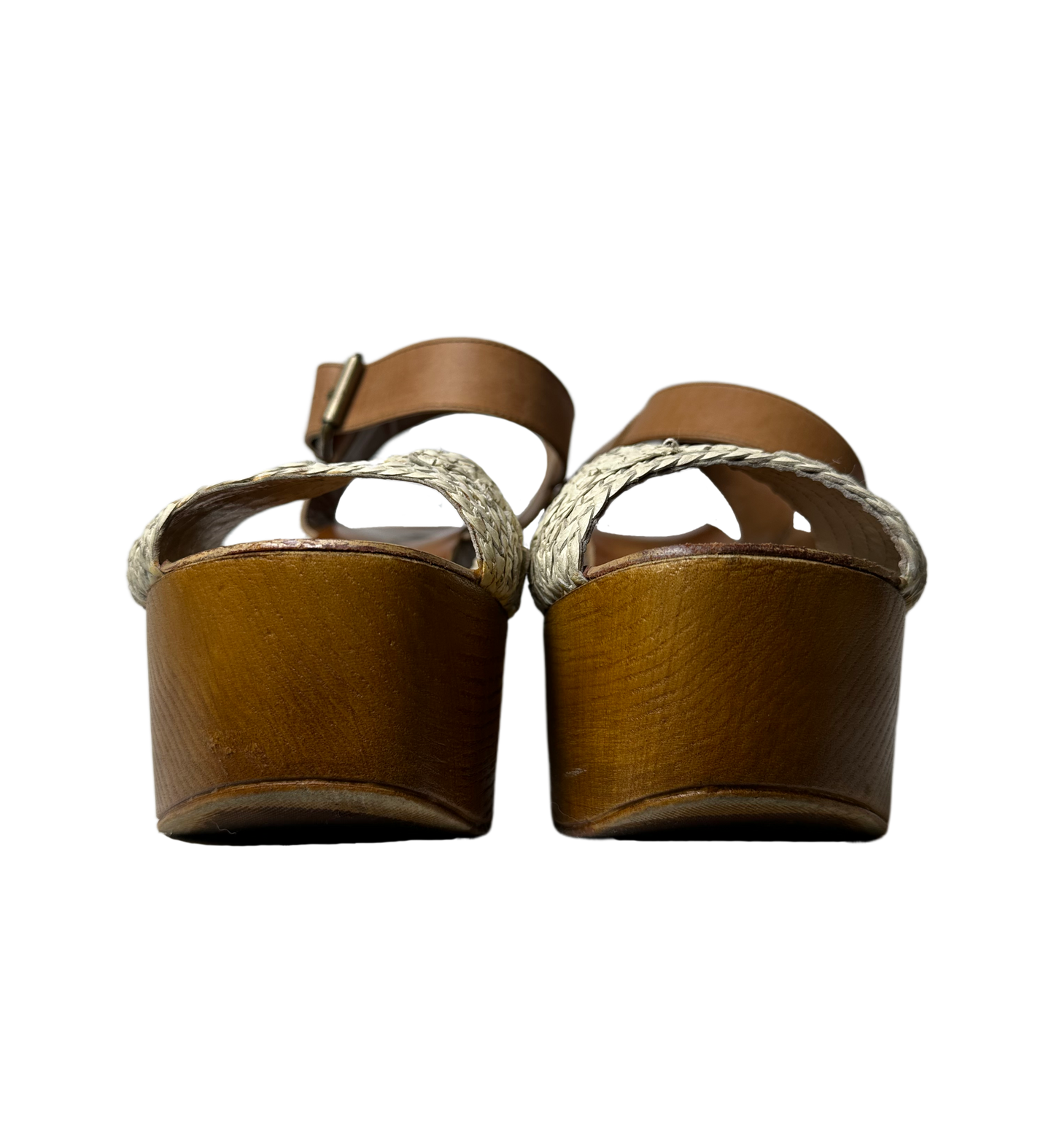 MiaThese Mia platform wood heel shoes boast a stylish look with an off-white crochet-like band and brown leather ankle strap. The wood platform heel adds fashion intereShoesMia Platform Wood Heel Shoes with "Crochet" BandMia Platform Wood Heel Shoes