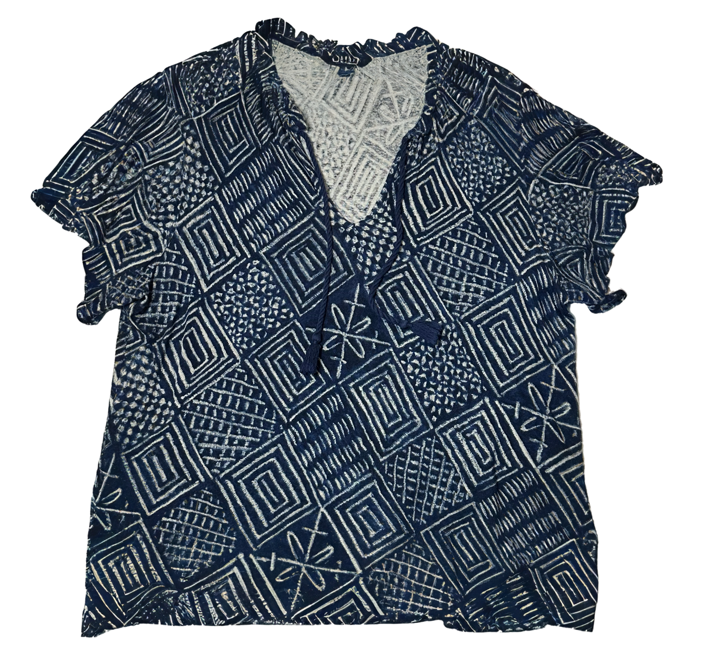 Lauren Ralph Lauren Blue and White Print Short Flutter Sleeve Linen Blend - size XL