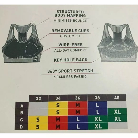 Puma Blue Sports Bra Size measured Bounce into action with this multi blue Puma sports bra! The stretchy fabric hugs your curves while the racer back design gives yo