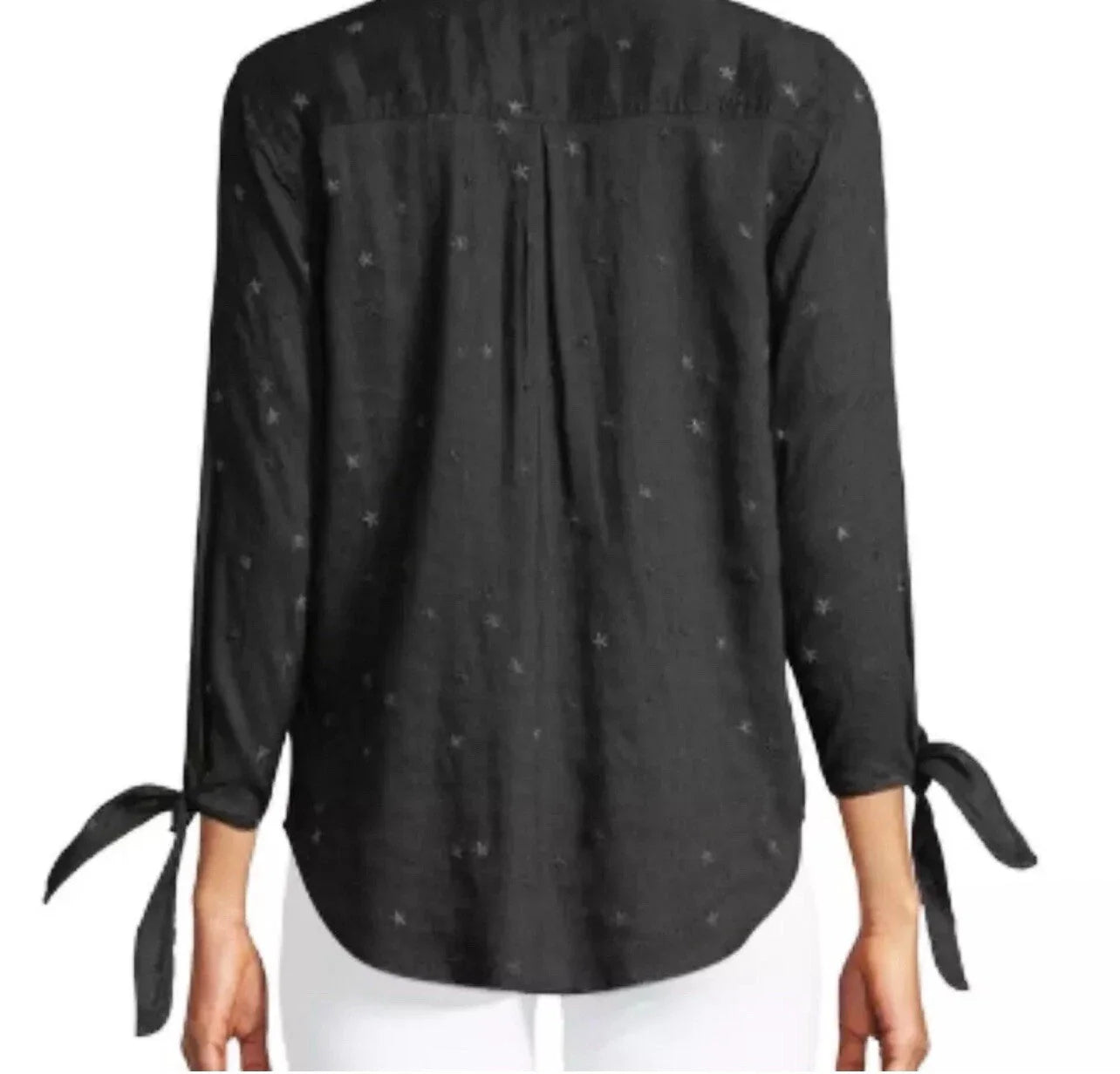 Rails Robyn Black Blouse with Stars and Tie Sleeves - size Small This playful black blouse features delicate embroidered stars and charming tie details at the sleeve