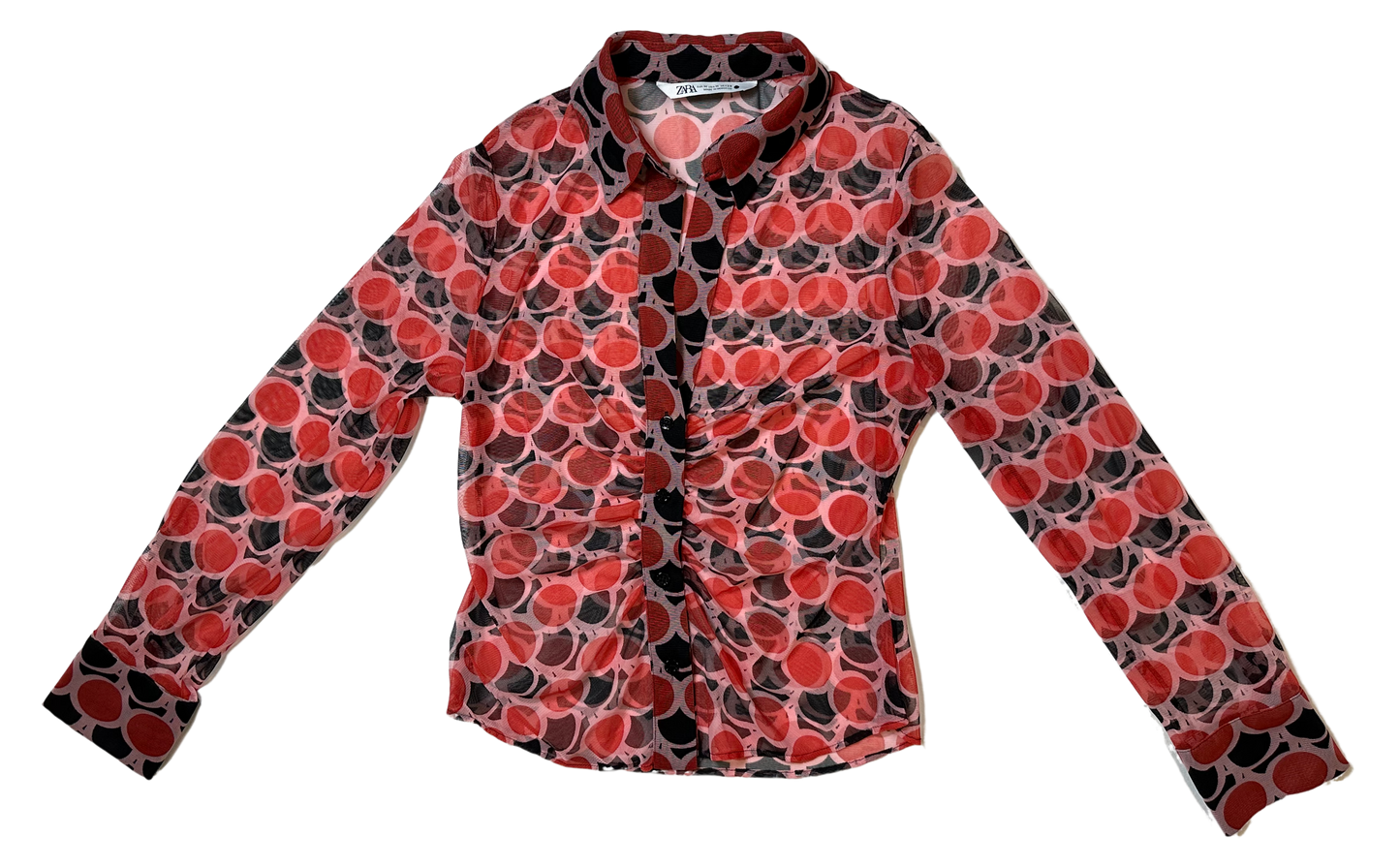 Zara Red Black Sheer Polka Dot Retro Geo Print Button Down Ruched Long This Zara blouse features a classic collar, long sleeves with button cuffs, and ruching detail