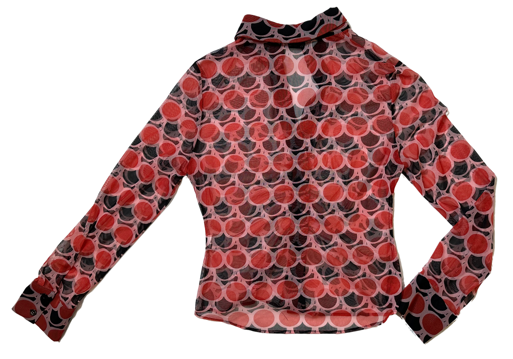 Zara Red Black Sheer Polka Dot Retro Geo Print Button Down Ruched Long This Zara blouse features a classic collar, long sleeves with button cuffs, and ruching detail