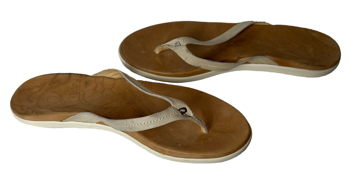 Olukai Honu Off White Leather Flip Flop Sandals Women 10 Slip into style with the Olukai Honu off white leather flip flop sandals. Made with high-quality leather, th