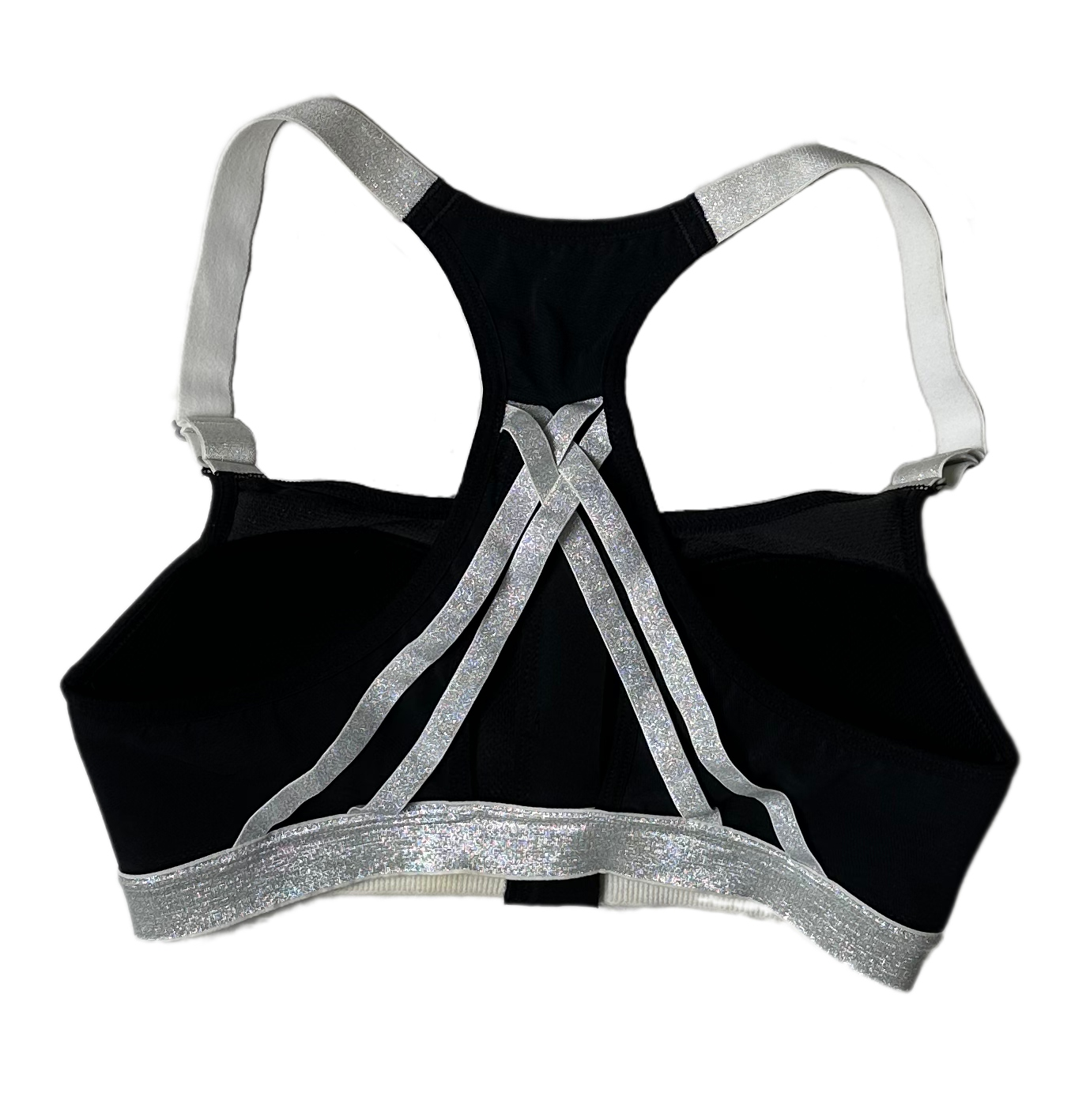 Victoria Secret Sports Bra Black with Silver Straps and band Feel on top of the world while running, jumping, and stretching in this sporty Victoria Secret Sports bra. This black beauty is equipped with removable pads, a zip fSports BraVictoria Secret Sports Bra Black with Silver Straps and bandVictoria Secret Sports Bra Black