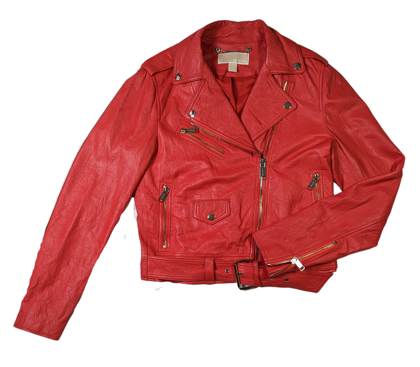 Michael KorsElevate your style with this Michael Kors moto jacket, crafted from genuine lambskin leather. The classic shade of red and gold hardware create a timeless design thaJacketMichael Kors Red Lambskin Leather JacketMichael Kors Red Lambskin Leather Jacket