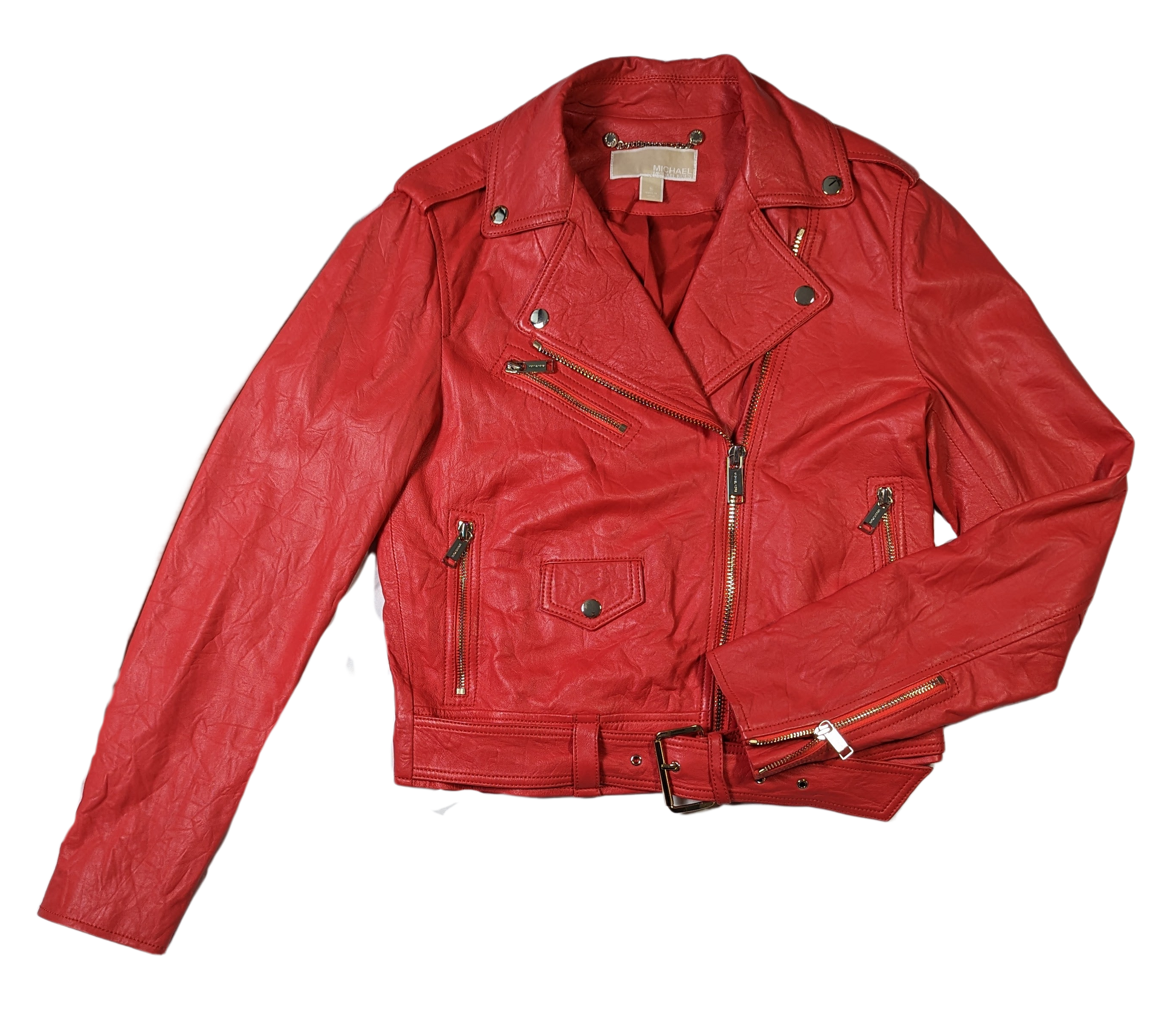 Michael KorsElevate your style with this Michael Kors moto jacket, crafted from genuine lambskin leather. The classic shade of red and gold hardware create a timeless design thaJacketMichael Kors Red Lambskin Leather JacketMichael Kors Red Lambskin Leather Jacket