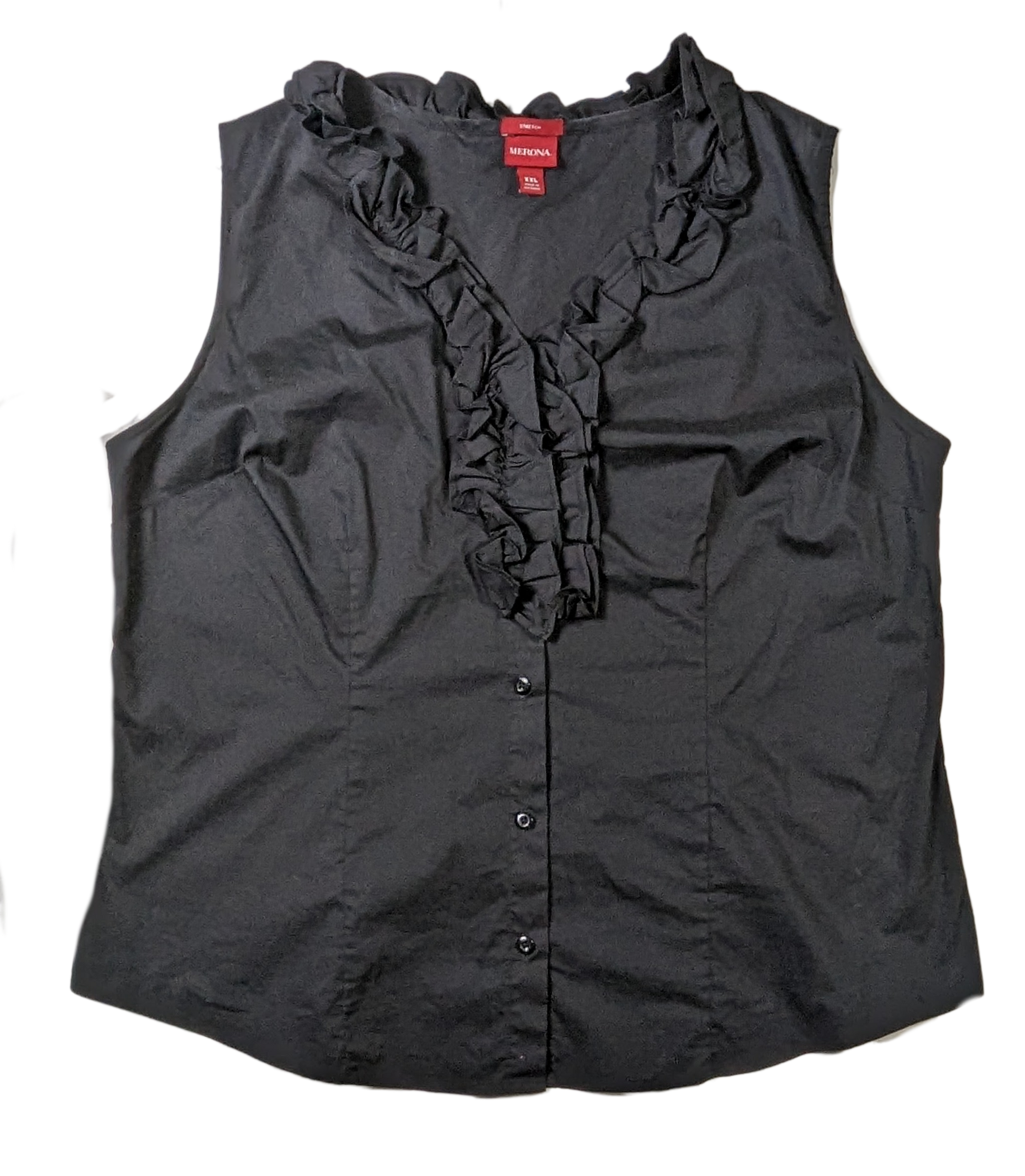 Merona Ruffle Neck Sleeveless Top brings a stylish and comfortable touch to your wardrobe with its ruffle neck and sleeveless design. Crafted with a button-up front and made of soft, BlouseMerona Ruffle Neck Sleeveless TopMerona Ruffle Neck Sleeveless Top