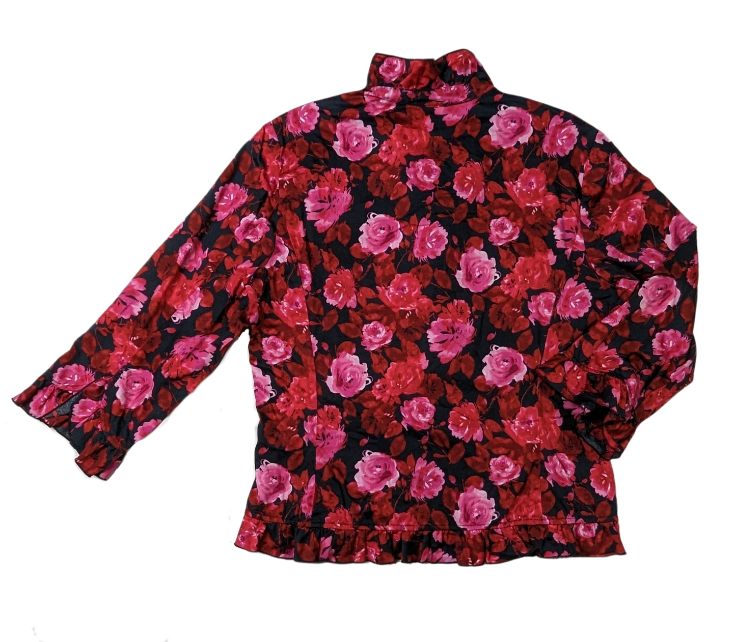 Jones New York SignatureLook your best in the Jones New York Ruffle Neck Blouse! With a black base and a pink and red floral print, this blouse is perfect for making a statement. The ruffleBlouseJones New York Ruffle Neck BlouseYork Ruffle Neck Blouse