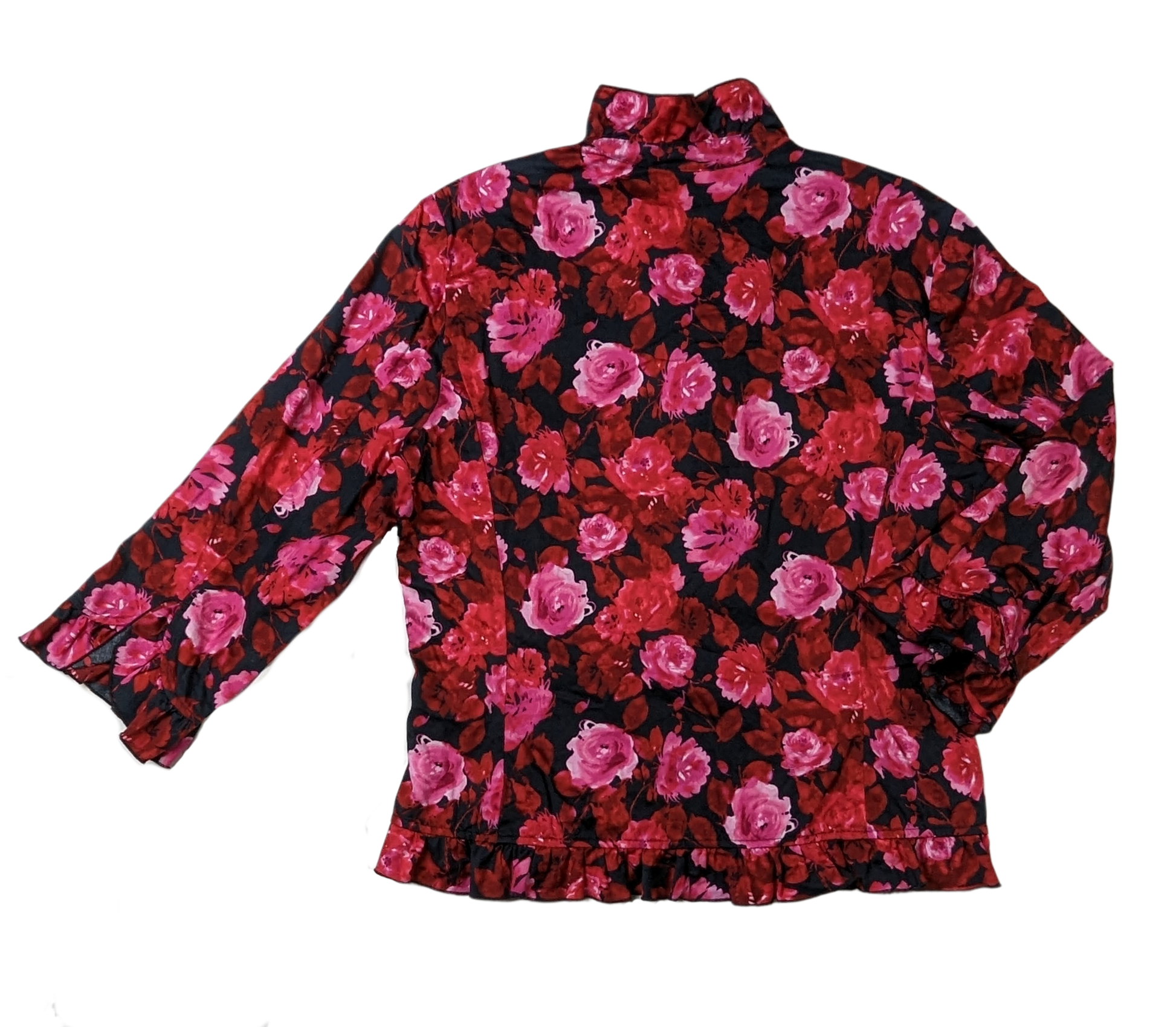 Jones New York SignatureLook your best in the Jones New York Ruffle Neck Blouse! With a black base and a pink and red floral print, this blouse is perfect for making a statement. The ruffleBlouseJones New York Ruffle Neck BlouseYork Ruffle Neck Blouse
