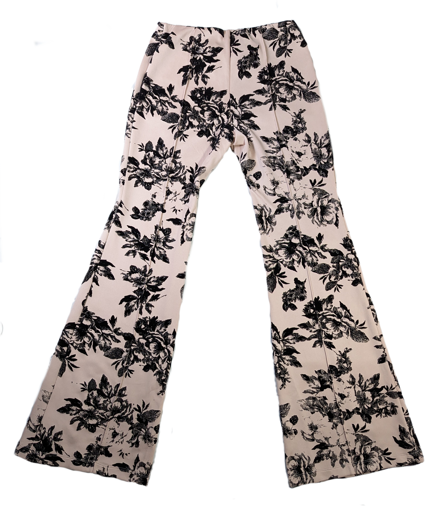 Marisa Kenson Blush Flare Pants with Black floral print NWT Brand new with tags size M Marisa Kenson collection flare pants in the Perla style. Light pink background with a black felt floral print. Elastic waist band. Very eMarisa Kenson Blush Flare PantsPants