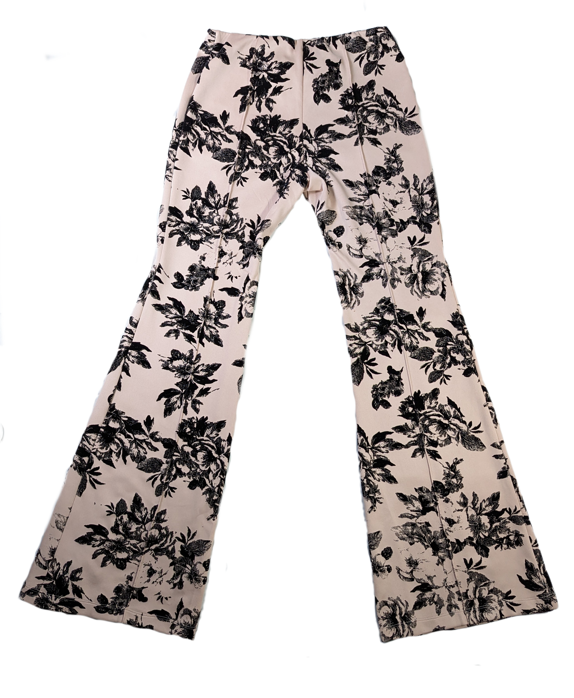 Marisa Kenson Blush Flare Pants with Black floral print NWT Brand new with tags size M Marisa Kenson collection flare pants in the Perla style. Light pink background with a black felt floral print. Elastic waist band. Very eMarisa Kenson Blush Flare PantsPants