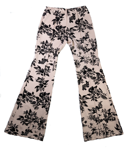 Marisa Kenson Blush Flare Pants with Black floral print NWT Brand new with tags size M Marisa Kenson collection flare pants in the Perla style. Light pink background with a black felt floral print. Elastic waist band. Very eMarisa Kenson Blush Flare PantsPants