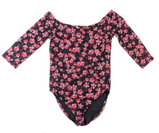 ExpressOur Express One Eleven Floral Bodysuit, made of a Cotton/Spandex blend, features a beautiful floral print on a black background with a 3/4 sleeve, off shoulder styleBodysuitExpress One Eleven Floral BodysuitEleven Floral Bodysuit