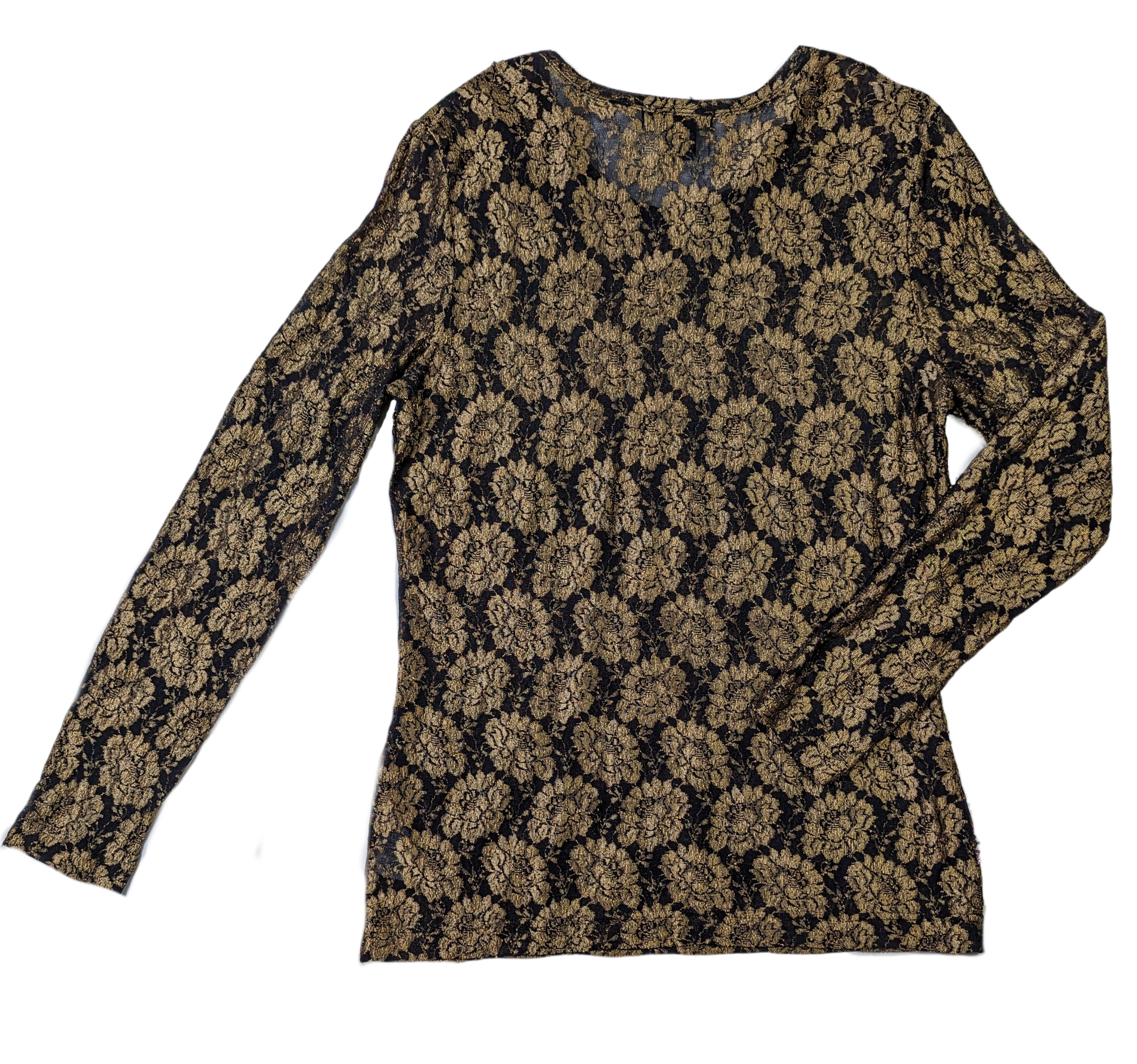 Karen Kane Black and Gold Beaded TopThis Karen Kane top is a stylish and sophisticated choice for any wardrobe. Its intricate black and gold lace design is paired with a luxuriously soft feel that make