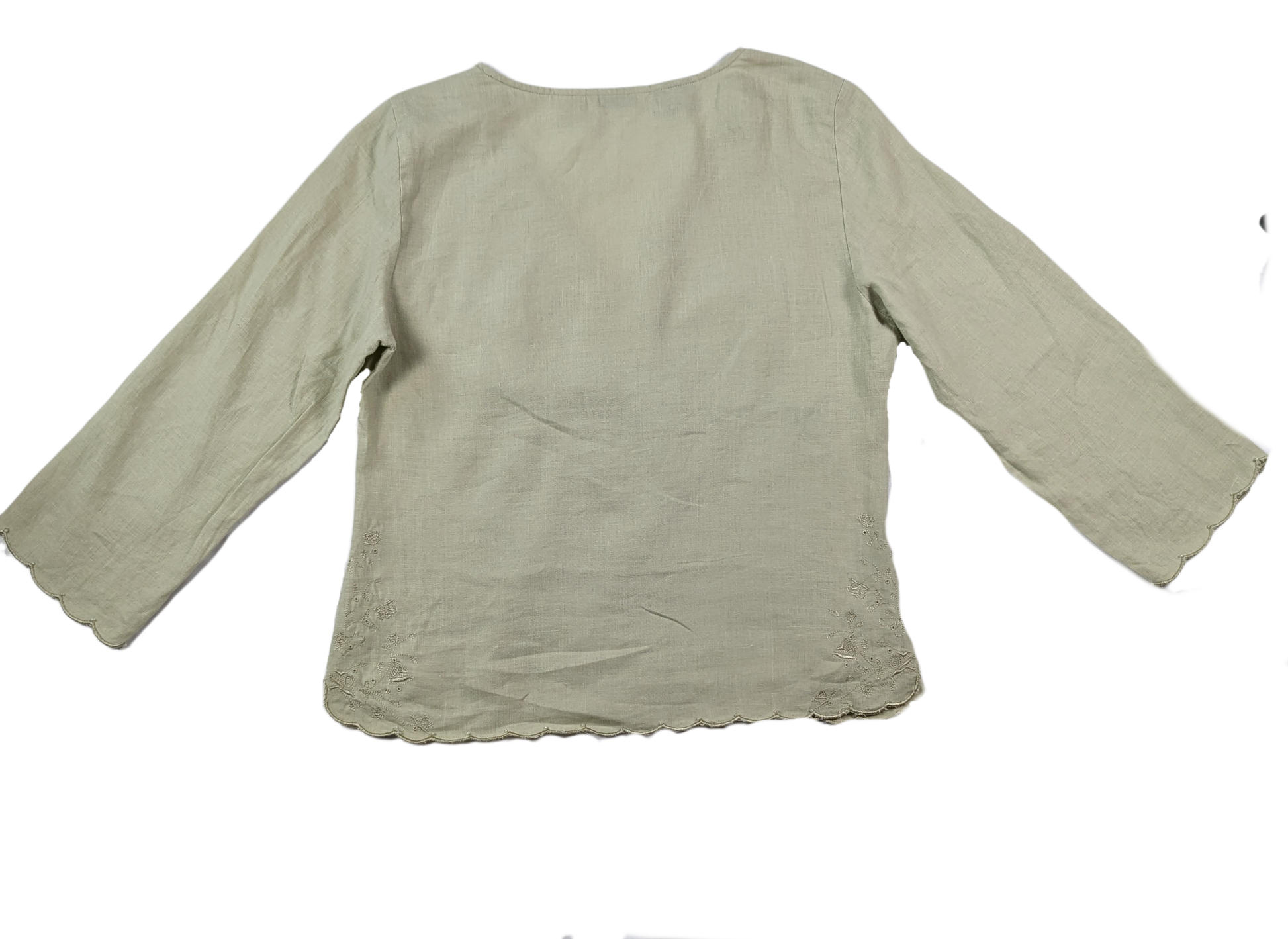 Edward Irish Linen Embroidered BlouseThe Cross Front Bodice on this Edward Linen blouse is enhanced by embroidery and beading.  The hem and sleeves feature scalloping with the side hem has added embroidEdward Irish Linen Embroidered BlouseBlouse