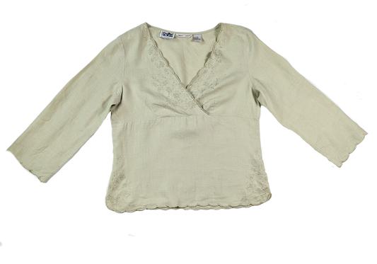 Edward Irish Linen Embroidered BlouseThe Cross Front Bodice on this Edward Linen blouse is enhanced by embroidery and beading.  The hem and sleeves feature scalloping with the side hem has added embroidEdward Irish Linen Embroidered BlouseBlouse