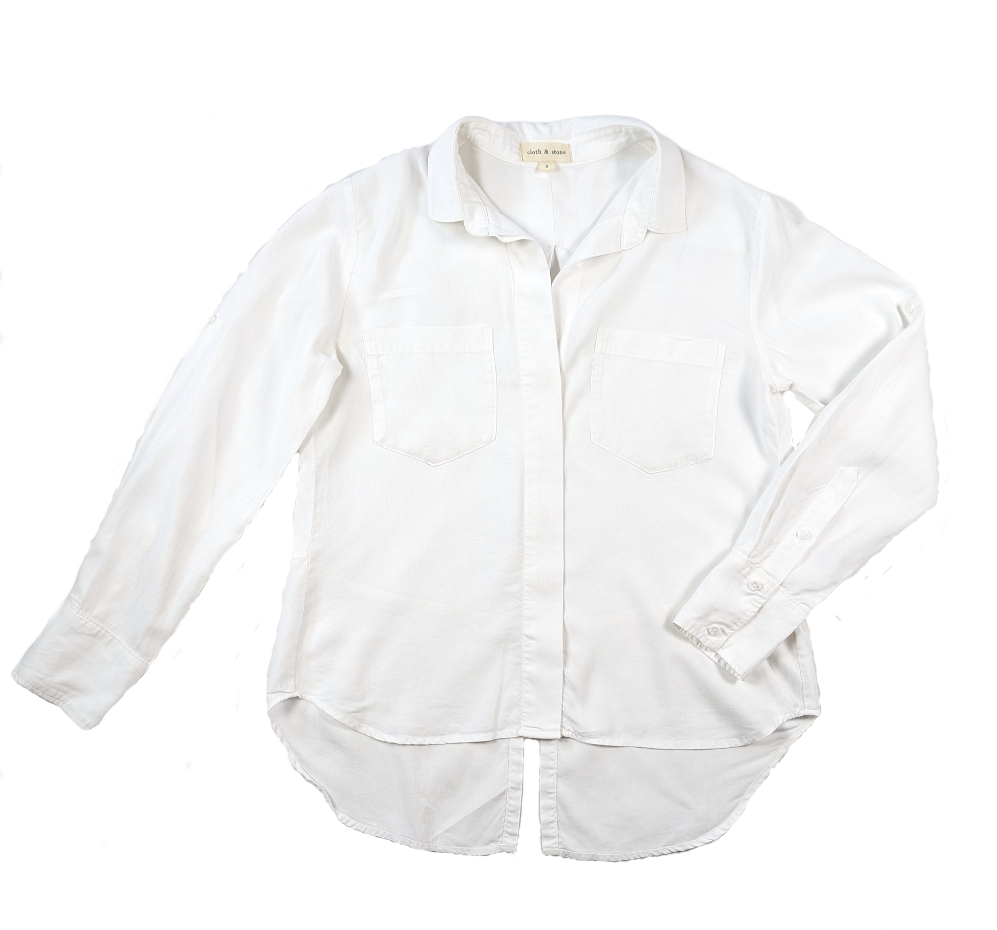 Cloth & Stone Split Back White ShirtThis shirt has great style.  The back features a split, high-low hem, hidden button closure in the front and it is made from tencel, a flowy fabric.   Pair with jeanCloth & Stone Split Back White ShirtShirt