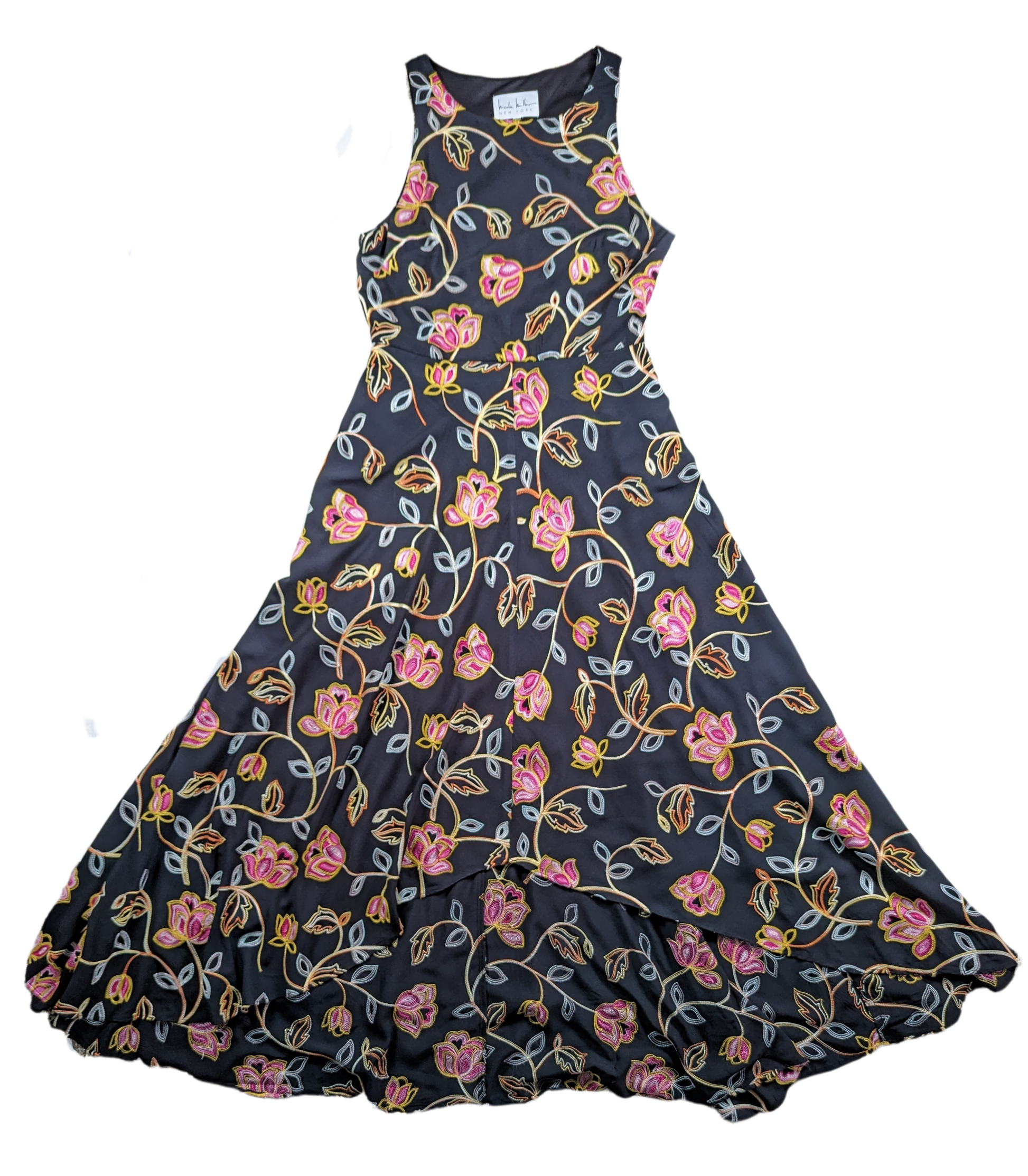 Nicole Miller Black Embroidered High-Low DressLovely embroidered dress from Nicole Miller features a high-low hemline, side-zip and a cut-out back.  Colorful floral embroidery is set against a black background tNicole Miller Black Embroidered High-Low DressDresses