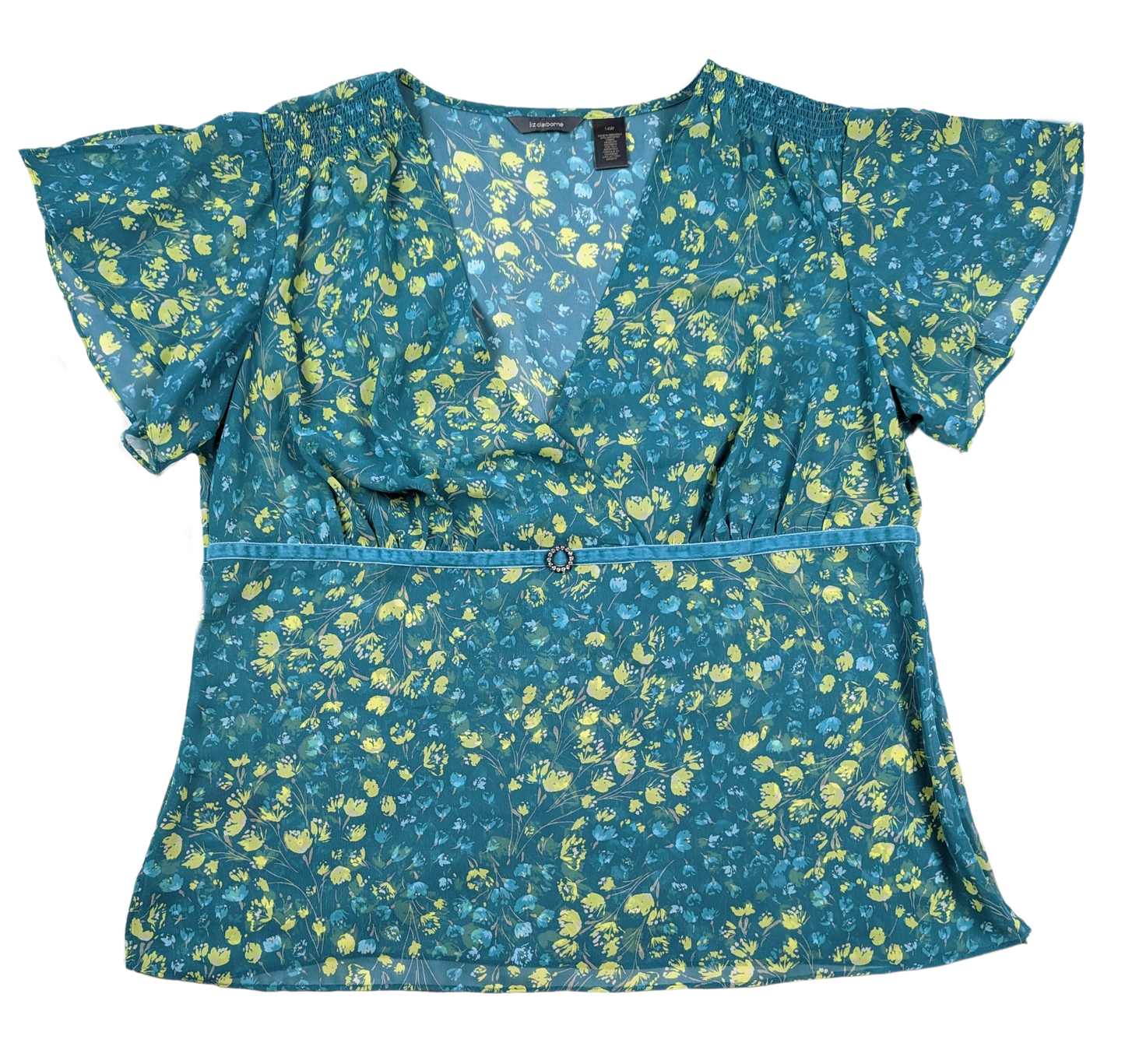 Liz Claiborne Empire-Waist Flutter-sleeve Blouse with ribbon detailsLiz Claiborne Empire-Waist, Flutter-sleeve Blouse with ribbon details. This Liz Claiborne Blouse features a stylish flutter sleeve design, an empire waist, and a lig