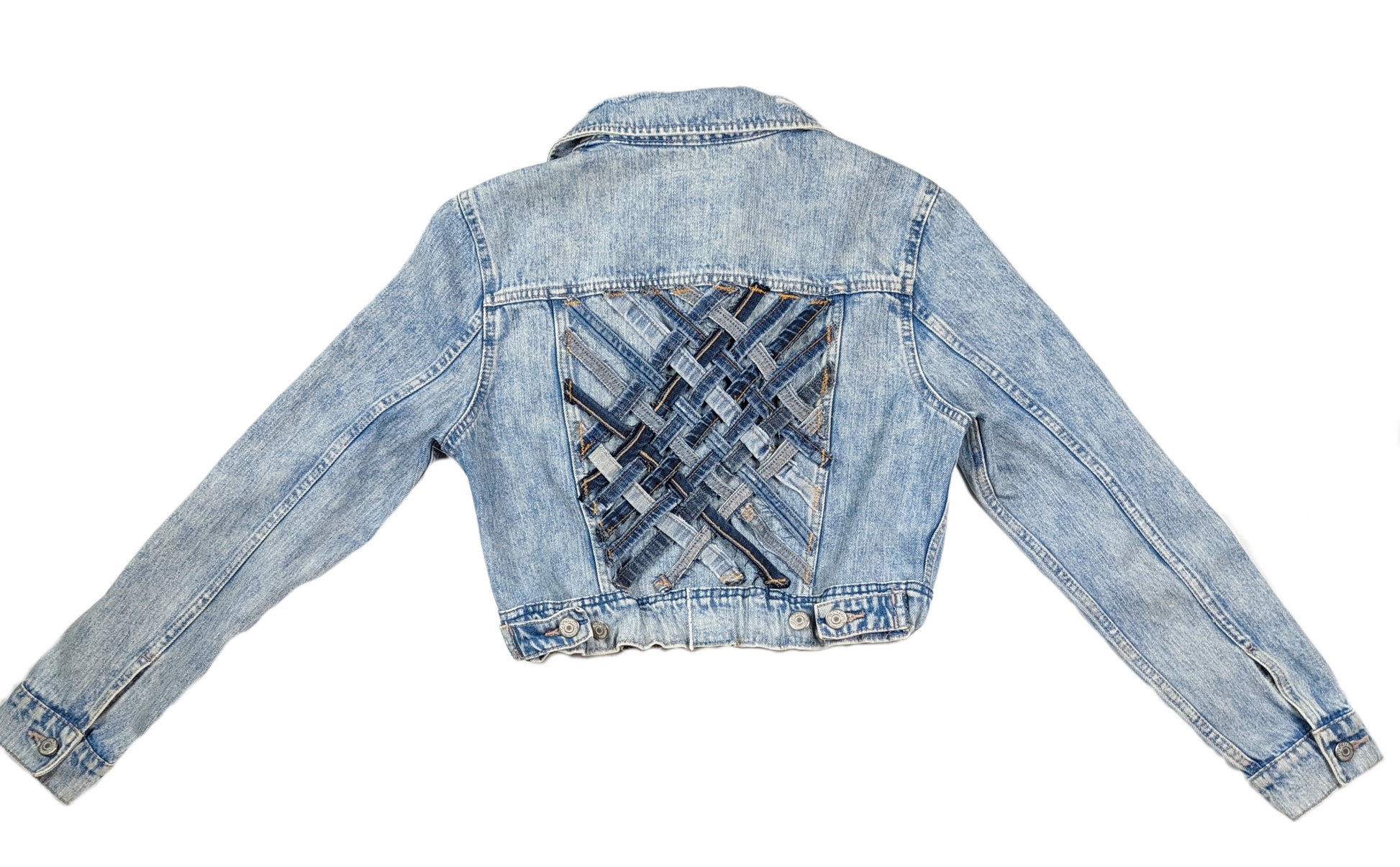 REFRESHED - Old Navy Handcrafted Denim Cropped and Embellished Jacketis a truly unique piece.  This restyled, cropped jacket features elastic added to the waist band, and upcycled denim dJacketREFRESHED - Old Navy Denim Cropped JacketNavy Denim Cropped Jacket