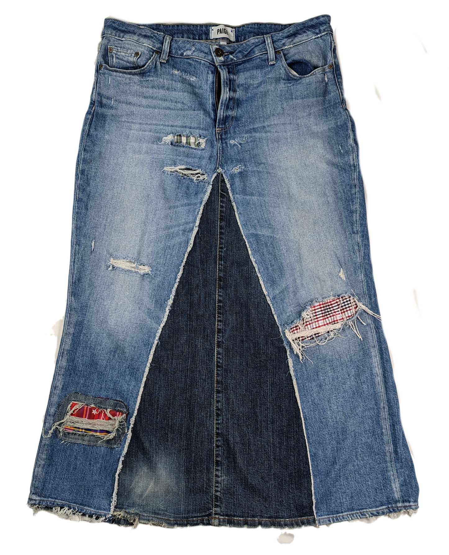 REFRESHED- Paige Distressed Handcrafted Denim Midi Skirt- Denim Skirt made from two pairs of jeans and some old plaid shirts!  Right on trend.  Super cute!REFRESHED- Paige Distressed Denim SkirtSkirts