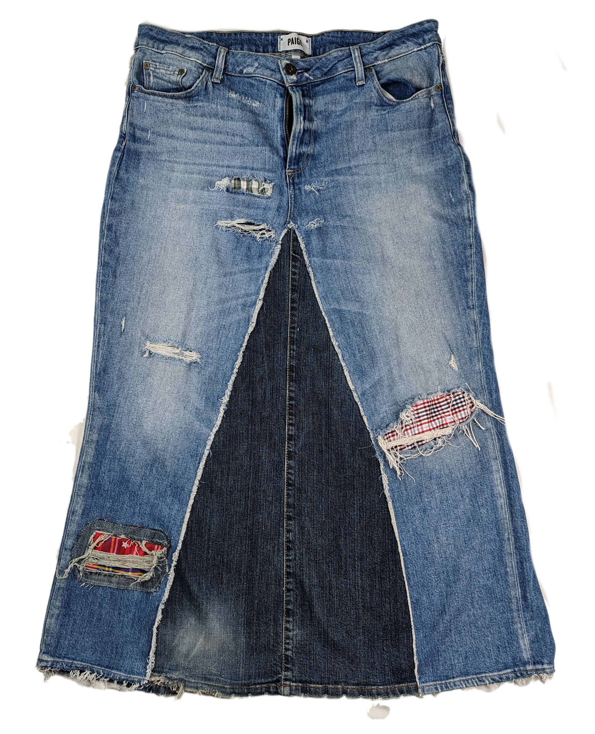 REFRESHED- Paige Distressed Handcrafted Denim Midi Skirt- Denim Skirt made from two pairs of jeans and some old plaid shirts!  Right on trend.  Super cute!REFRESHED- Paige Distressed Denim SkirtSkirts