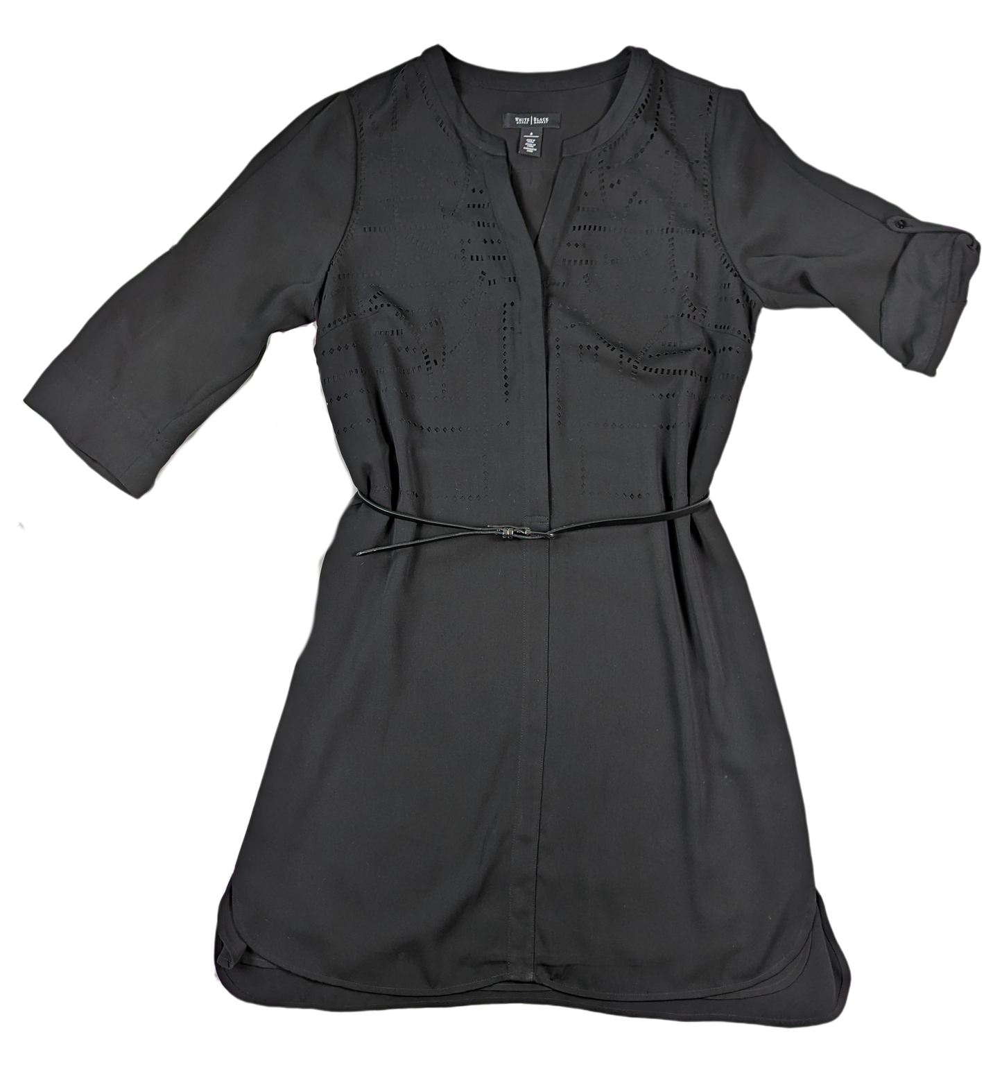 White House Black Market Shirt Dress with laser-cut bodice This stylish White House/Black Market shirt dress is perfect for any occasion. Its laser cut bodice adds a unique edge to the classic black design, while the belted White House/Black Market Shirt DressDresses