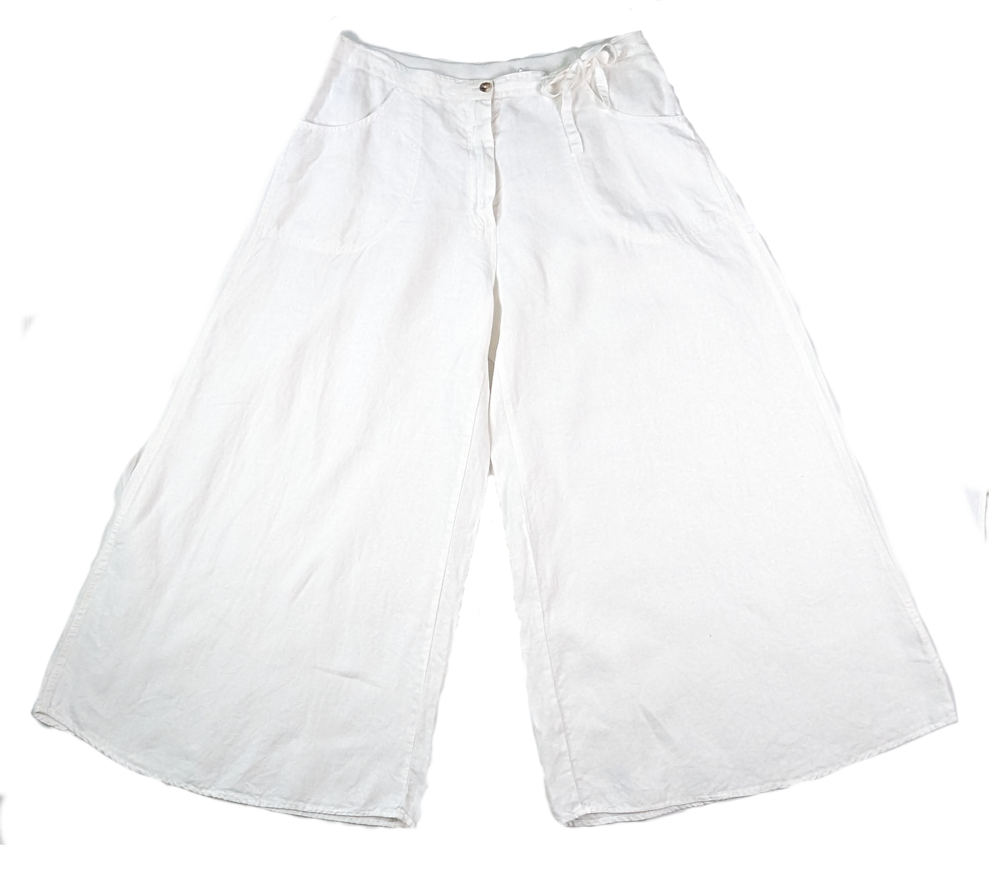 Kleen White Linen Wide Leg PantsSuper cool linen pants, perfect for Spring and Summer!  These Linen pants feature a cropped length, elastic waist and button/zipper closure.  So stylish and on trendKleen White Linen Wide Leg PantsPants
