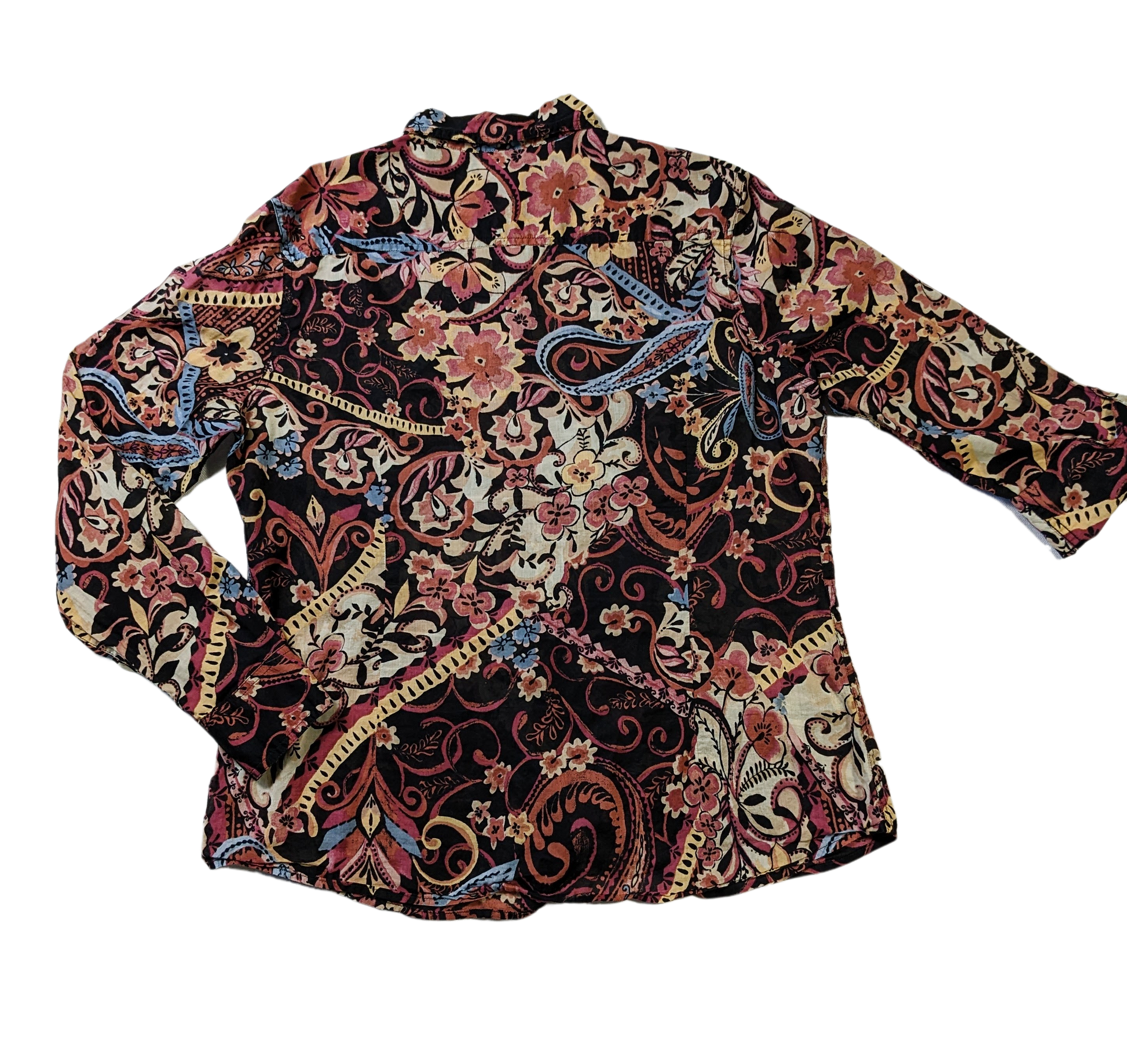 Lucky Brand Black Printed Button up ShirtThe colors on this Button up shirt are amazing! They really work together to create a gorgeous print.  The shirt is lightweight and has button tabs to roll up the sl