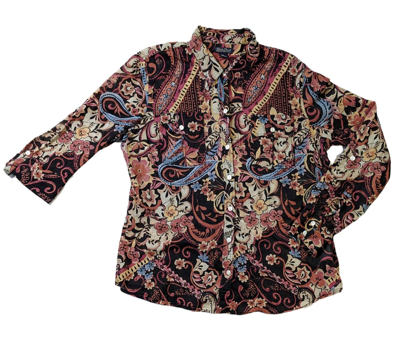 Lucky Brand Black Printed Button up ShirtThe colors on this Button up shirt are amazing! They really work together to create a gorgeous print.  The shirt is lightweight and has button tabs to roll up the sl