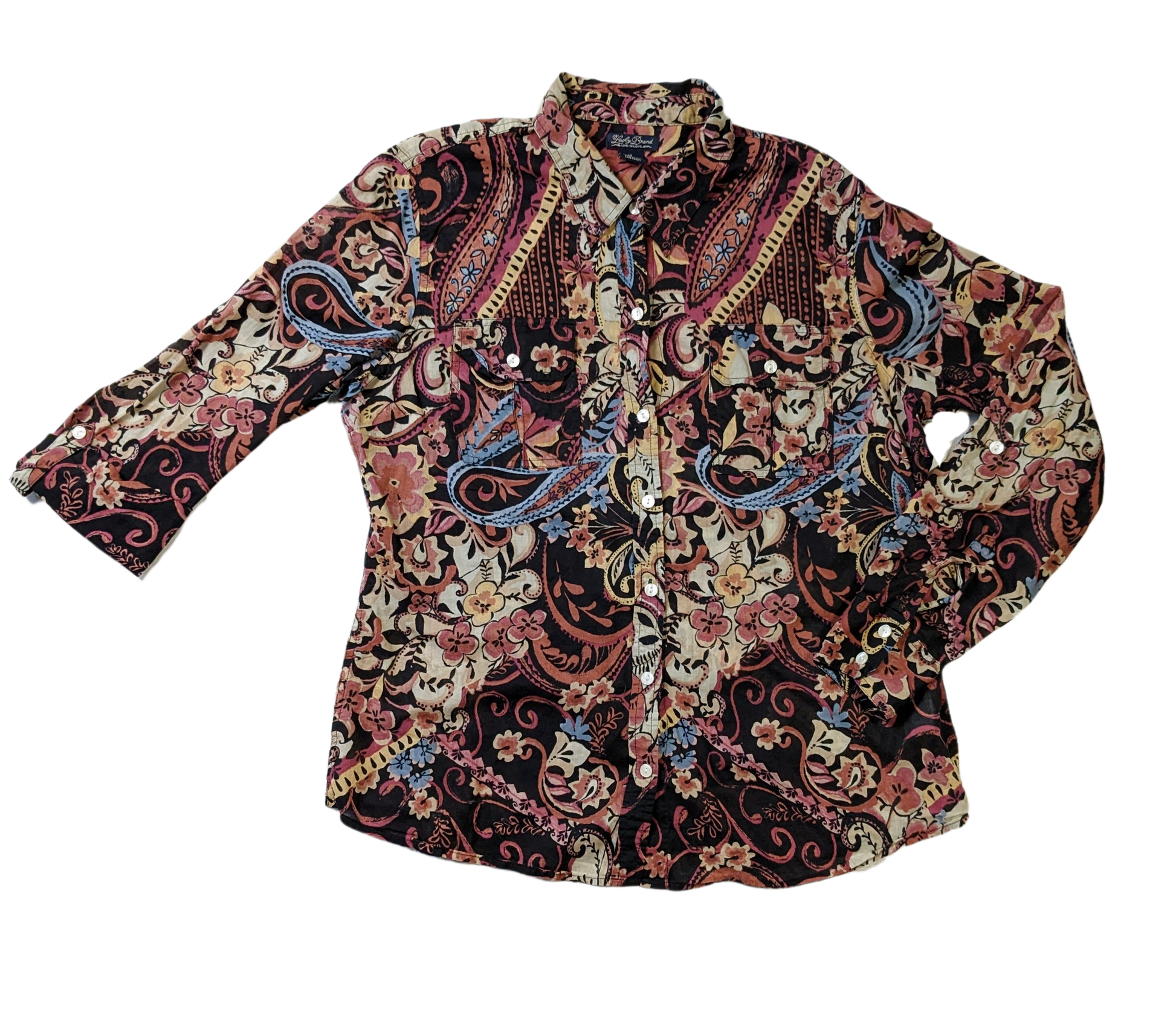 Lucky Brand Black Printed Button up ShirtThe colors on this Button up shirt are amazing! They really work together to create a gorgeous print.  The shirt is lightweight and has button tabs to roll up the sl