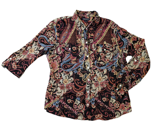 Lucky Brand Black Printed Button up ShirtThe colors on this Button up shirt are amazing! They really work together to create a gorgeous print.  The shirt is lightweight and has button tabs to roll up the sl