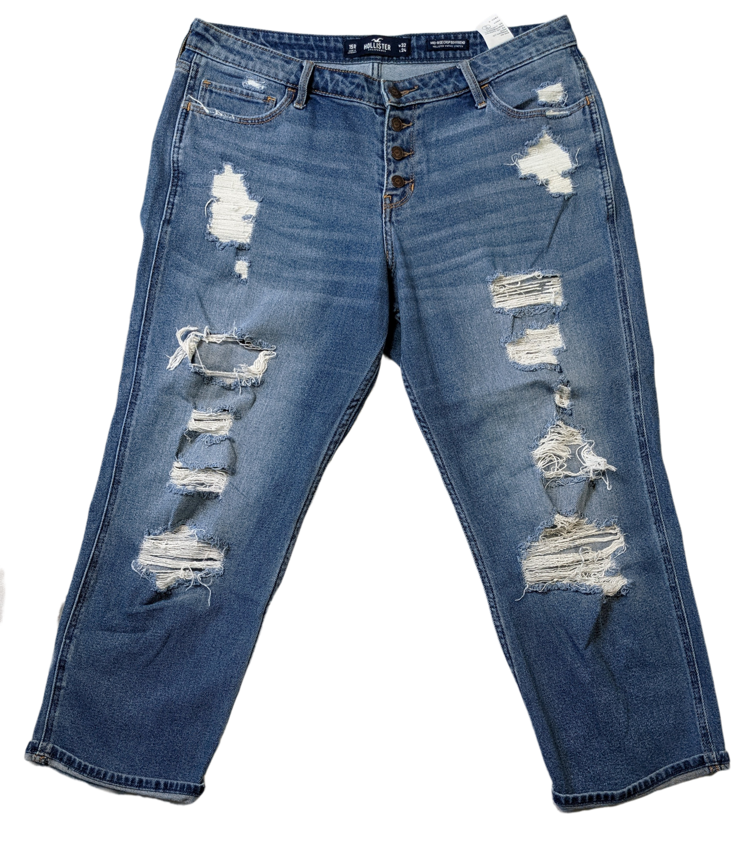 Hollister Distressed Mid-rise Crop Boyfriend JeansHoly Moly!  Do these have the distressing!  Super comfy, too, with Hollister Vintage stretch!