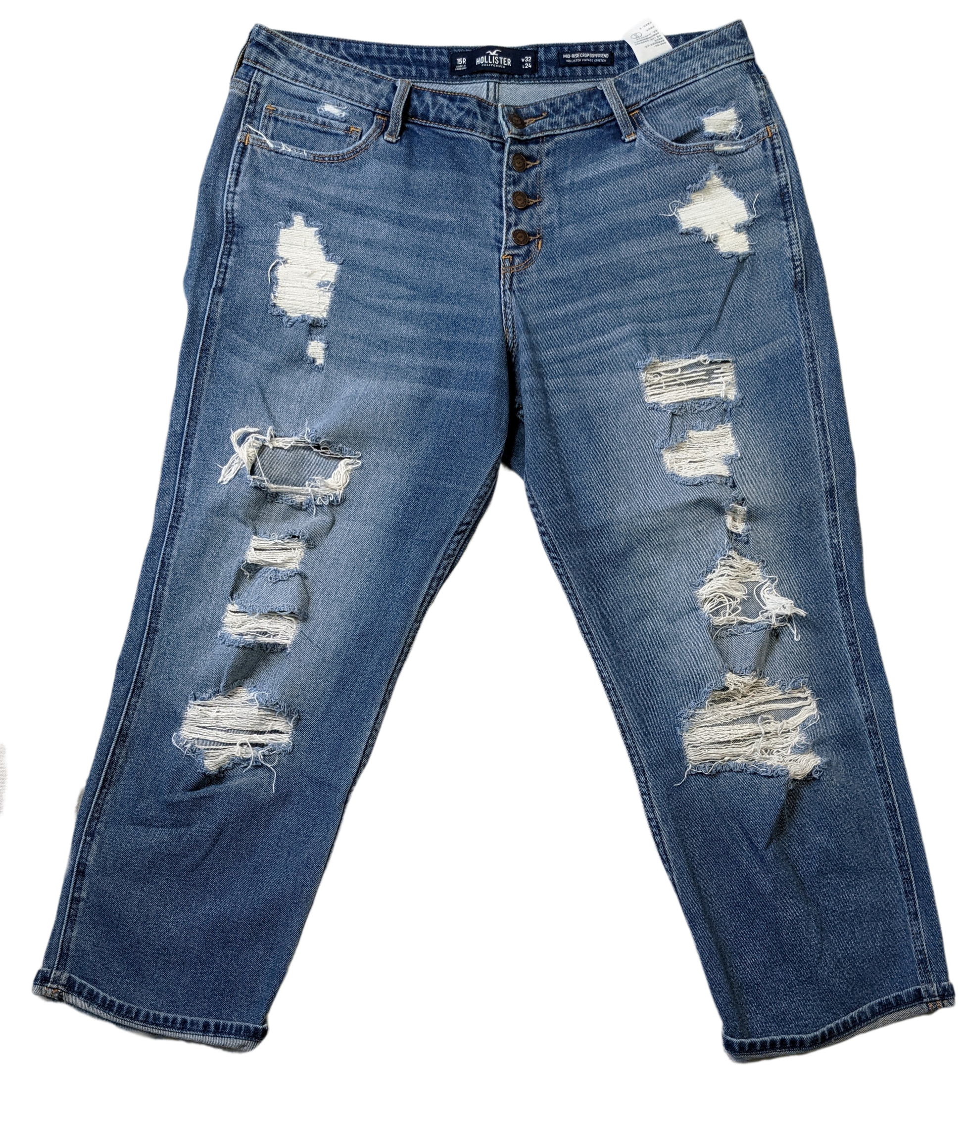 Hollister Distressed Mid-rise Crop Boyfriend JeansHoly Moly!  Do these have the distressing!  Super comfy, too, with Hollister Vintage stretch!