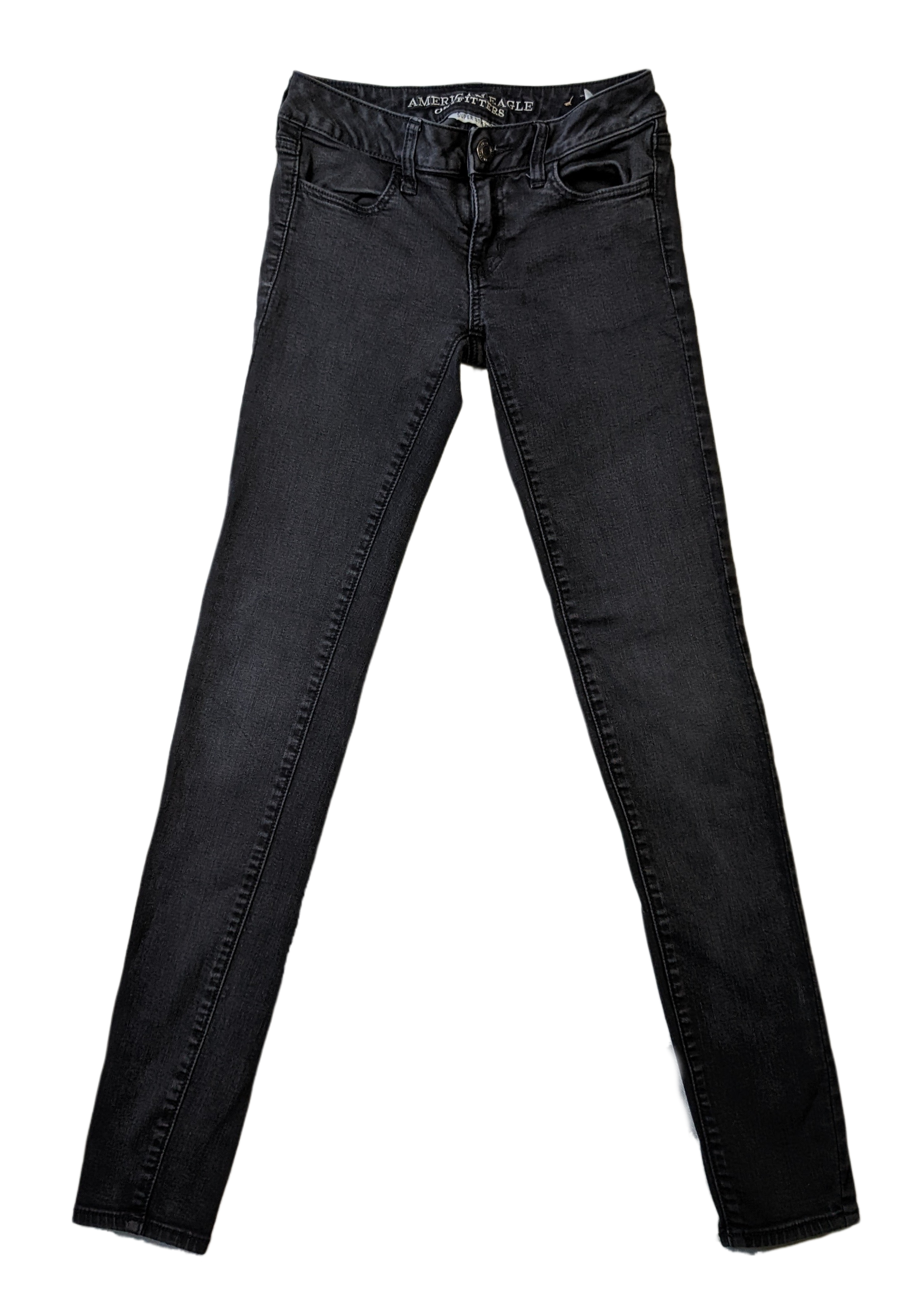 American Eagle Skinny Super Stretch Black Denim JeanSuper Stretch and Super Skinny.  Also, super long!