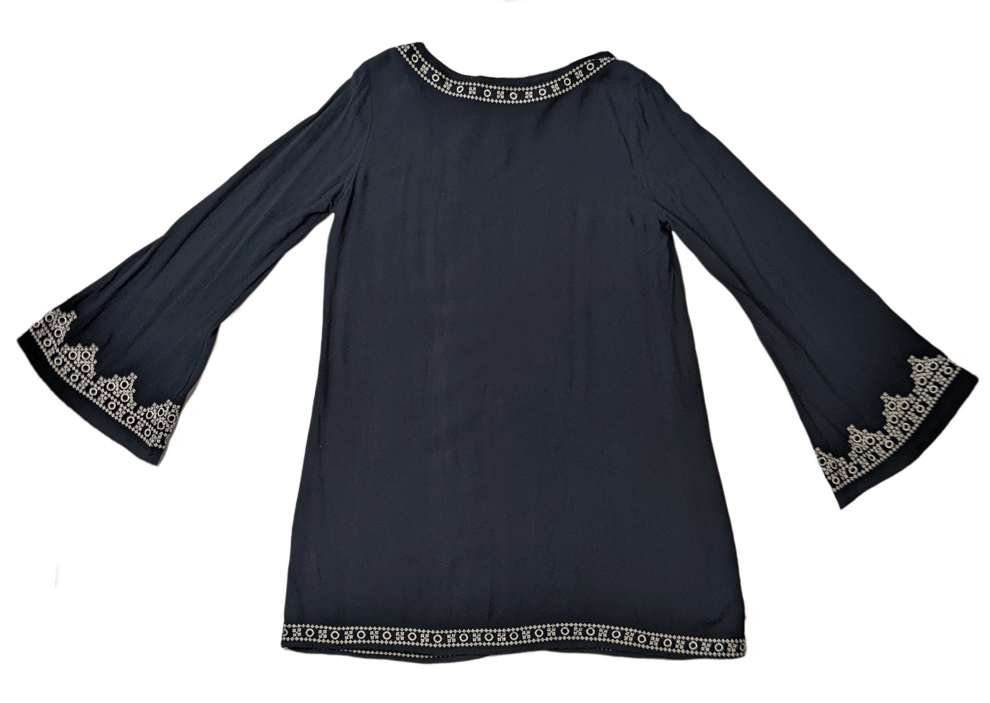 Lovestitch Bell-sleeve Embroidered DressThis dress has the Boho style that you want, and the comfort you crave!  Wear it with sneakers for a casual look, or get funky with some boots and a denim jacket!
