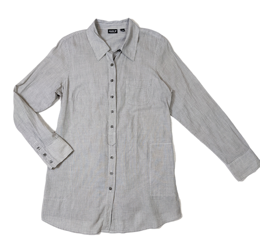 Allen B. by Allen Schwartz Pinstripe Button-up Tunic This tunic can be worn alone, with a pair of jeans or dress pants, or over a shirt as a light-weight jacket.