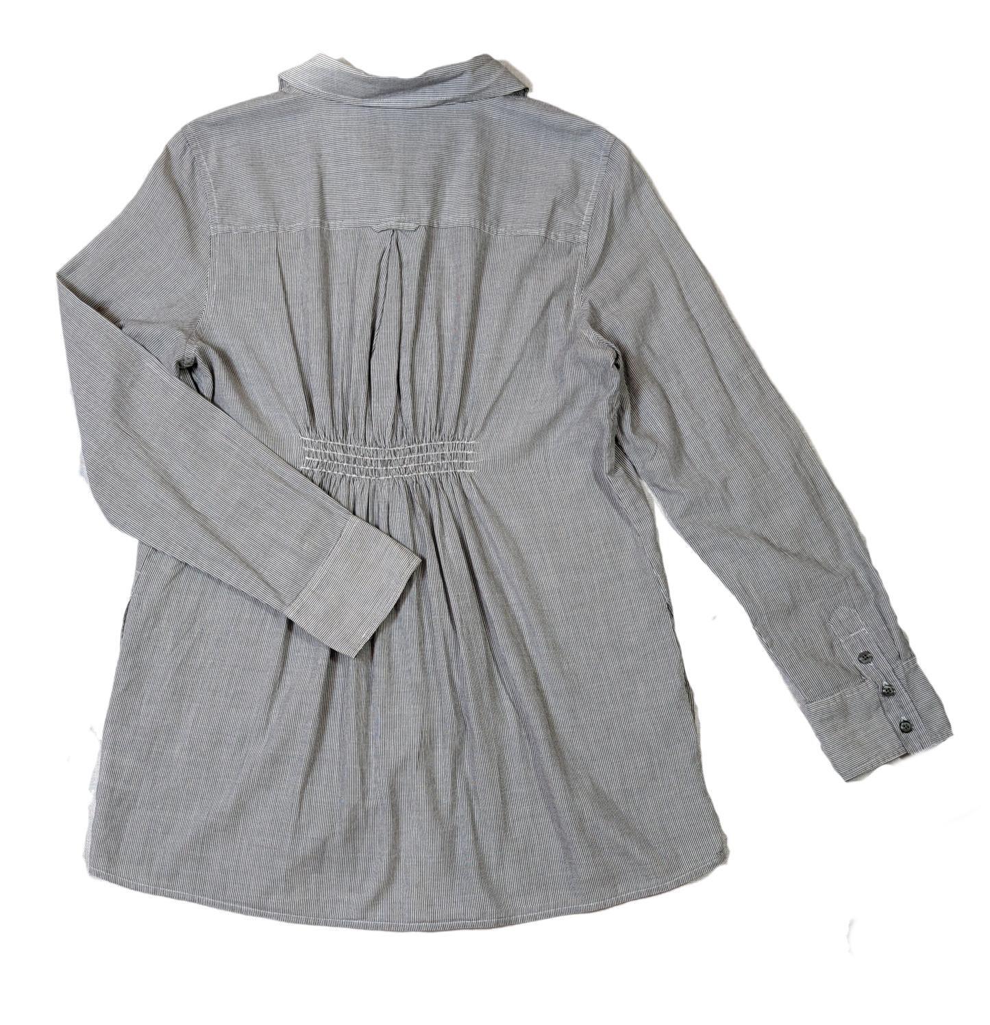 Allen B. by Allen Schwartz Pinstripe Button-up Tunic This tunic can be worn alone, with a pair of jeans or dress pants, or over a shirt as a light-weight jacket.