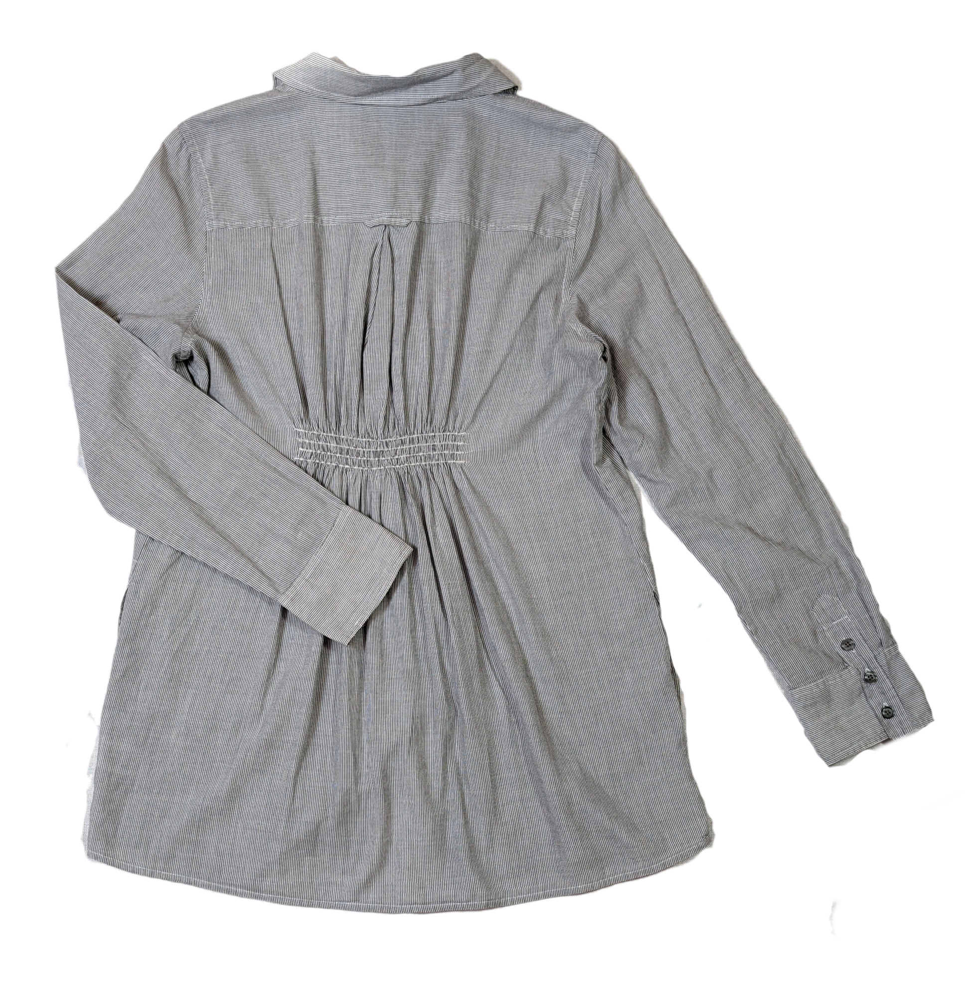 Allen B. by Allen Schwartz Pinstripe Button-up Tunic This tunic can be worn alone, with a pair of jeans or dress pants, or over a shirt as a light-weight jacket.