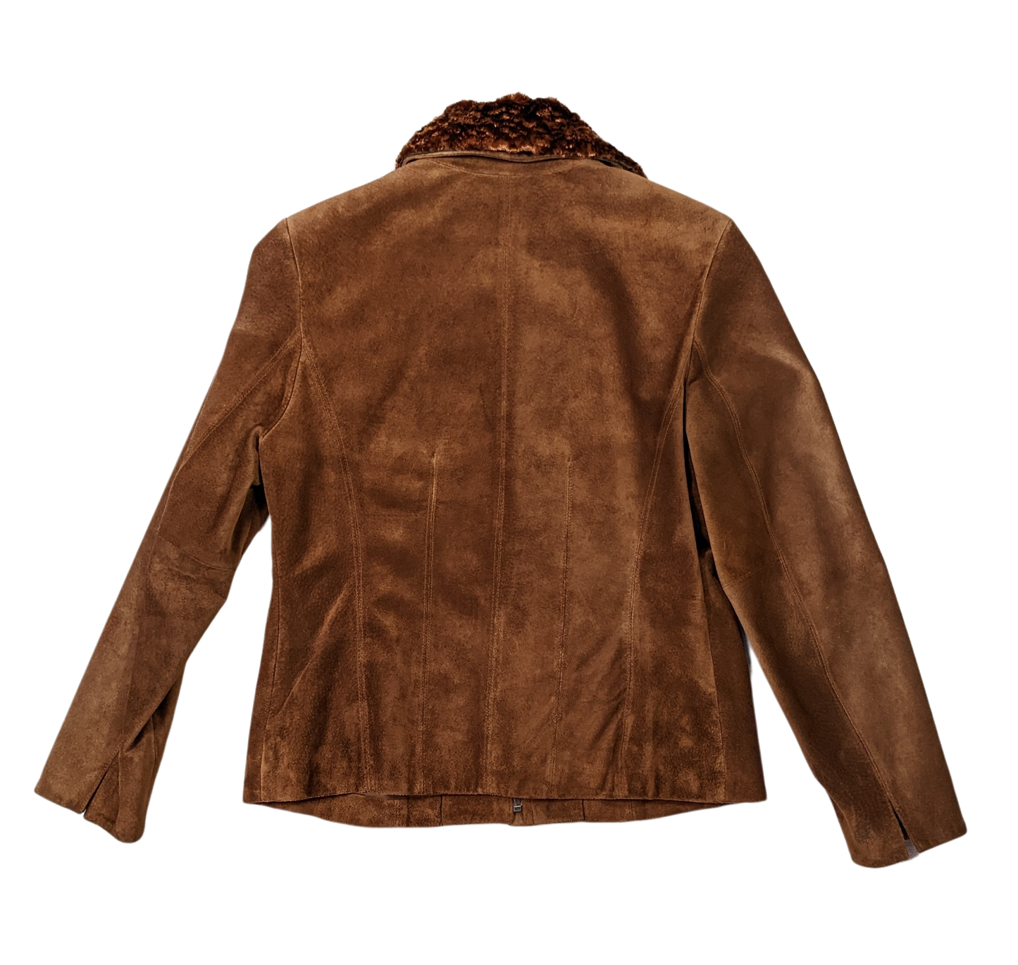 Valerie Stevens Rusty Brown Leather JacketThe color of this jacket is perfect for fall, and it has a removable faux fur collar.  It looks great either way!  Zip front with two slit pockets, soft suede.
