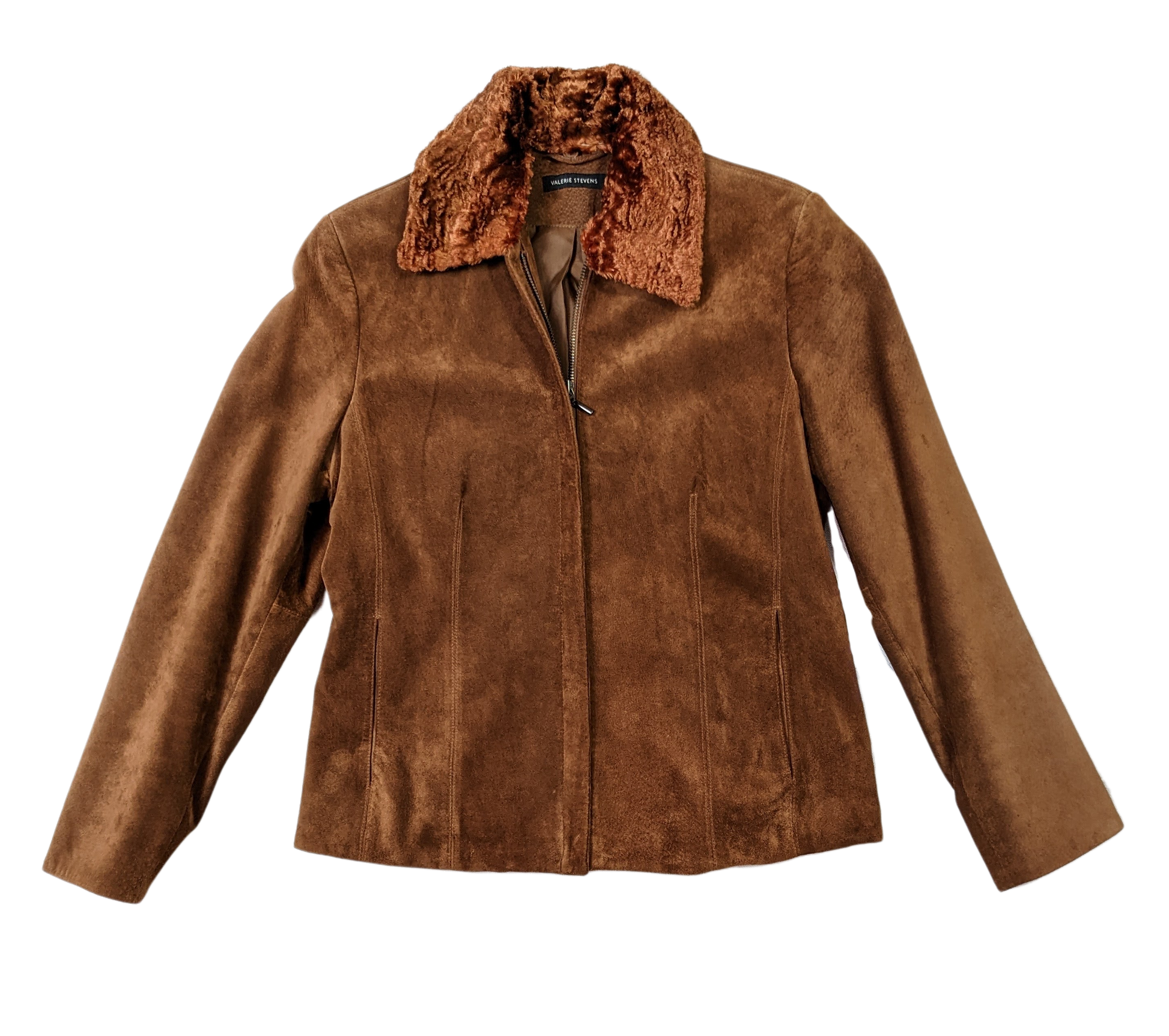 Valerie Stevens Rusty Brown Leather JacketThe color of this jacket is perfect for fall, and it has a removable faux fur collar.  It looks great either way!  Zip front with two slit pockets, soft suede.