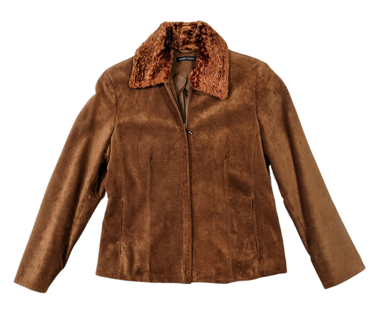 Valerie Stevens Rusty Brown Leather JacketThe color of this jacket is perfect for fall, and it has a removable faux fur collar.  It looks great either way!  Zip front with two slit pockets, soft suede.