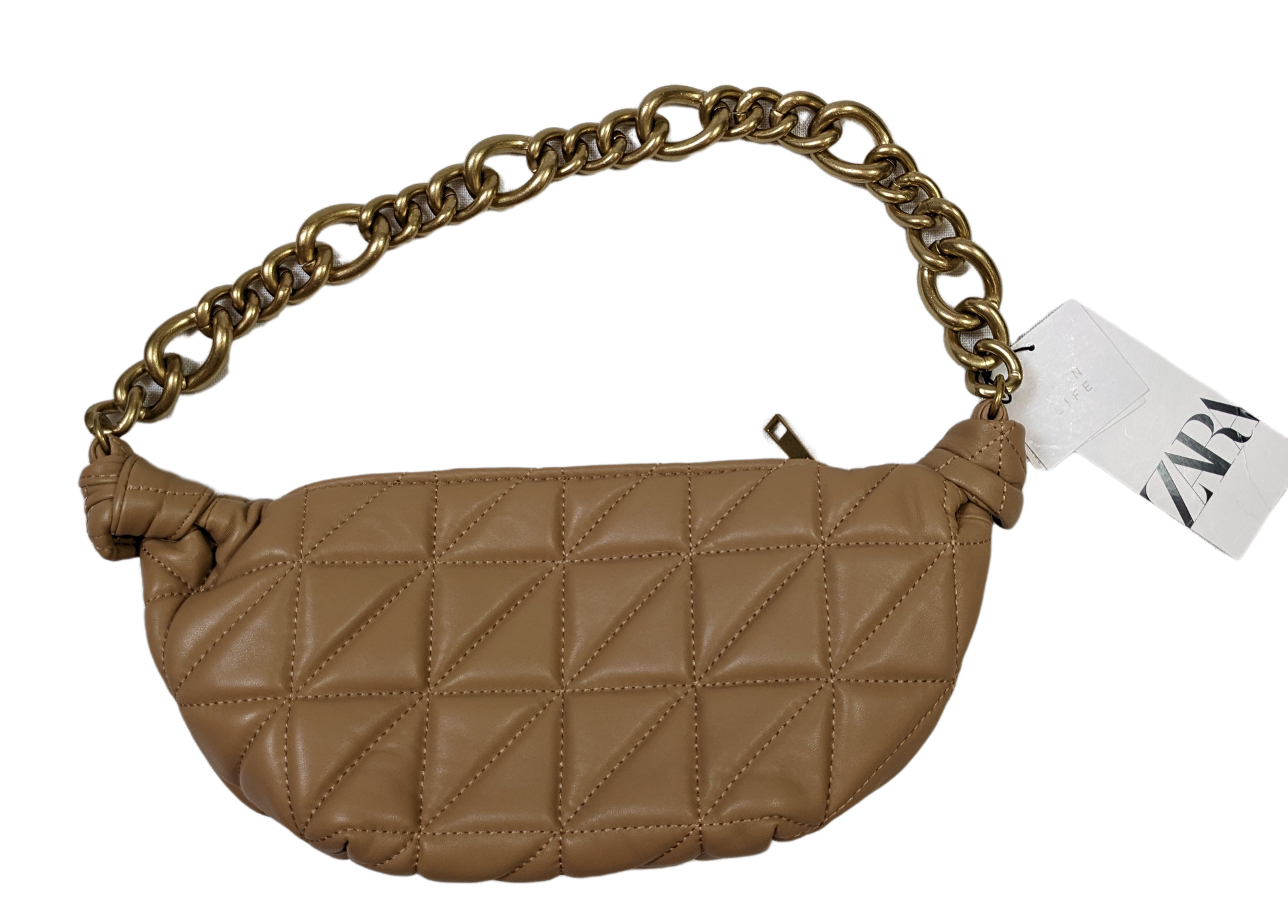 Zara Quilted Tan Leather Shoulder Bag with Gold Chain Handle - NWTSuch an awesome bag!  This can go with just about anything, and its just the right size to hold everything!
Measurements:
Length:  13"   Width: 3"   Height: 6"Zara Quilted Tan Leather Shoulder BagPurse