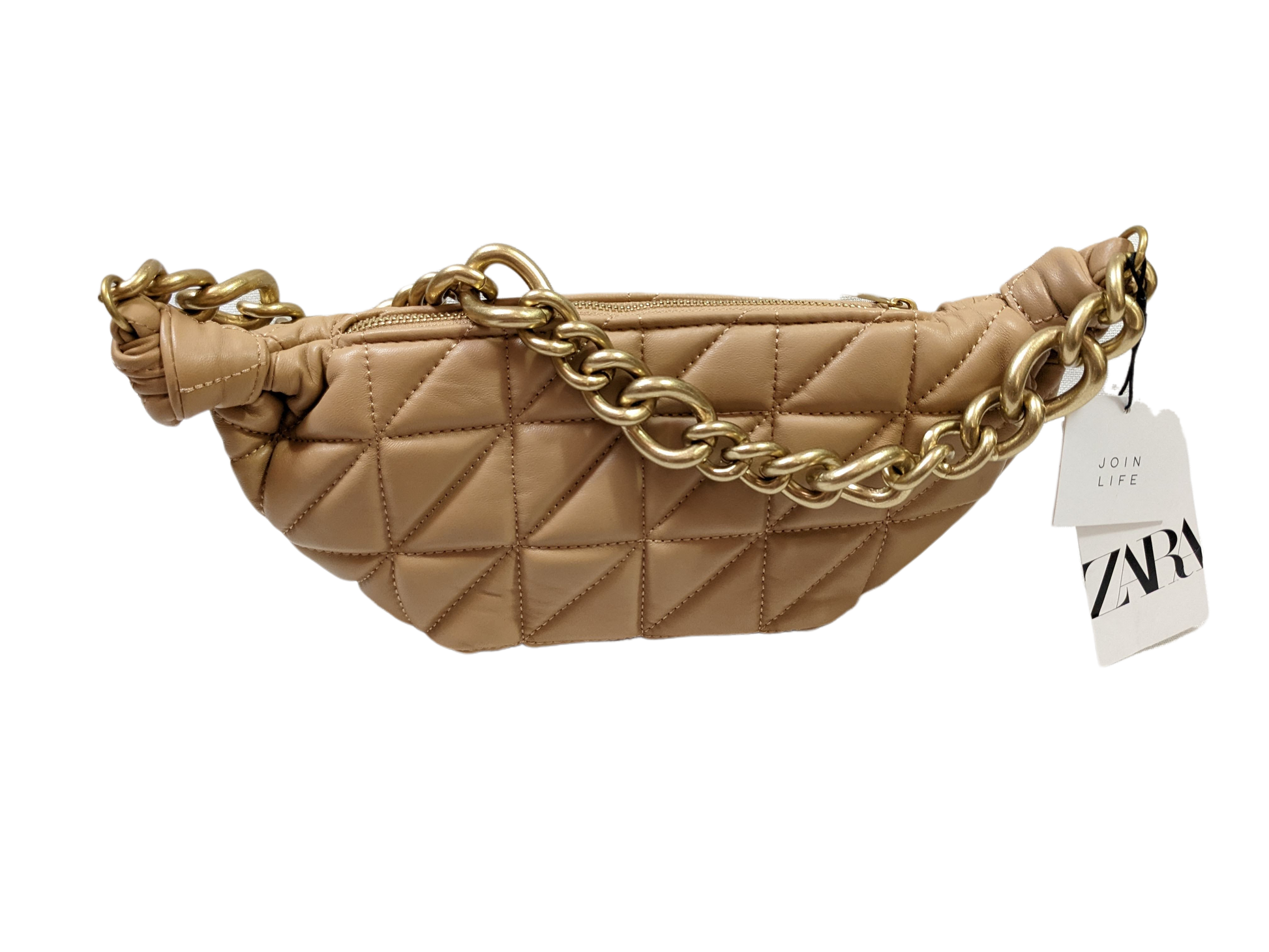 Zara Quilted Tan Leather Shoulder Bag with Gold Chain Handle - NWTSuch an awesome bag!  This can go with just about anything, and its just the right size to hold everything!
Measurements:
Length:  13"   Width: 3"   Height: 6"Zara Quilted Tan Leather Shoulder BagPurse